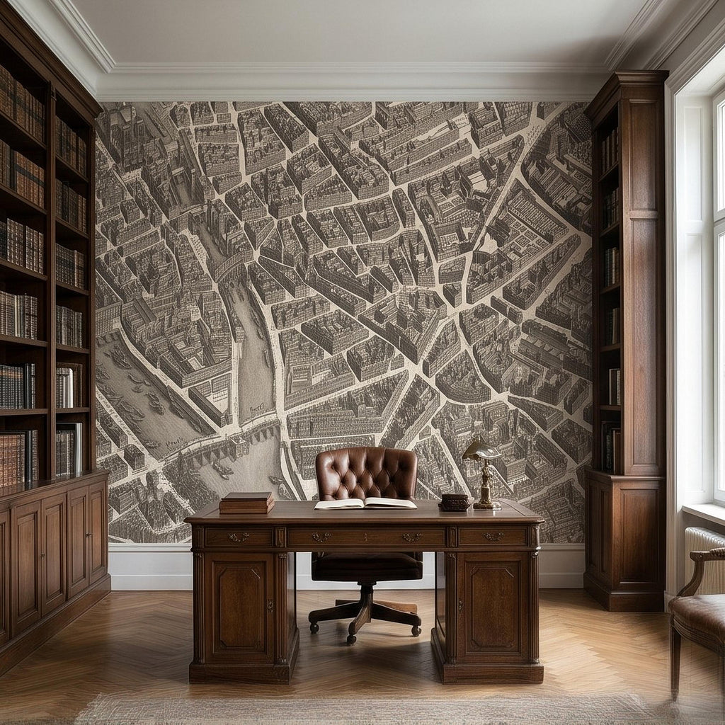 Vintage Paris Map Peel and Stick Wall Mural, Antique France Bird's Eye View Seine River & Notre Dame Wallpaper