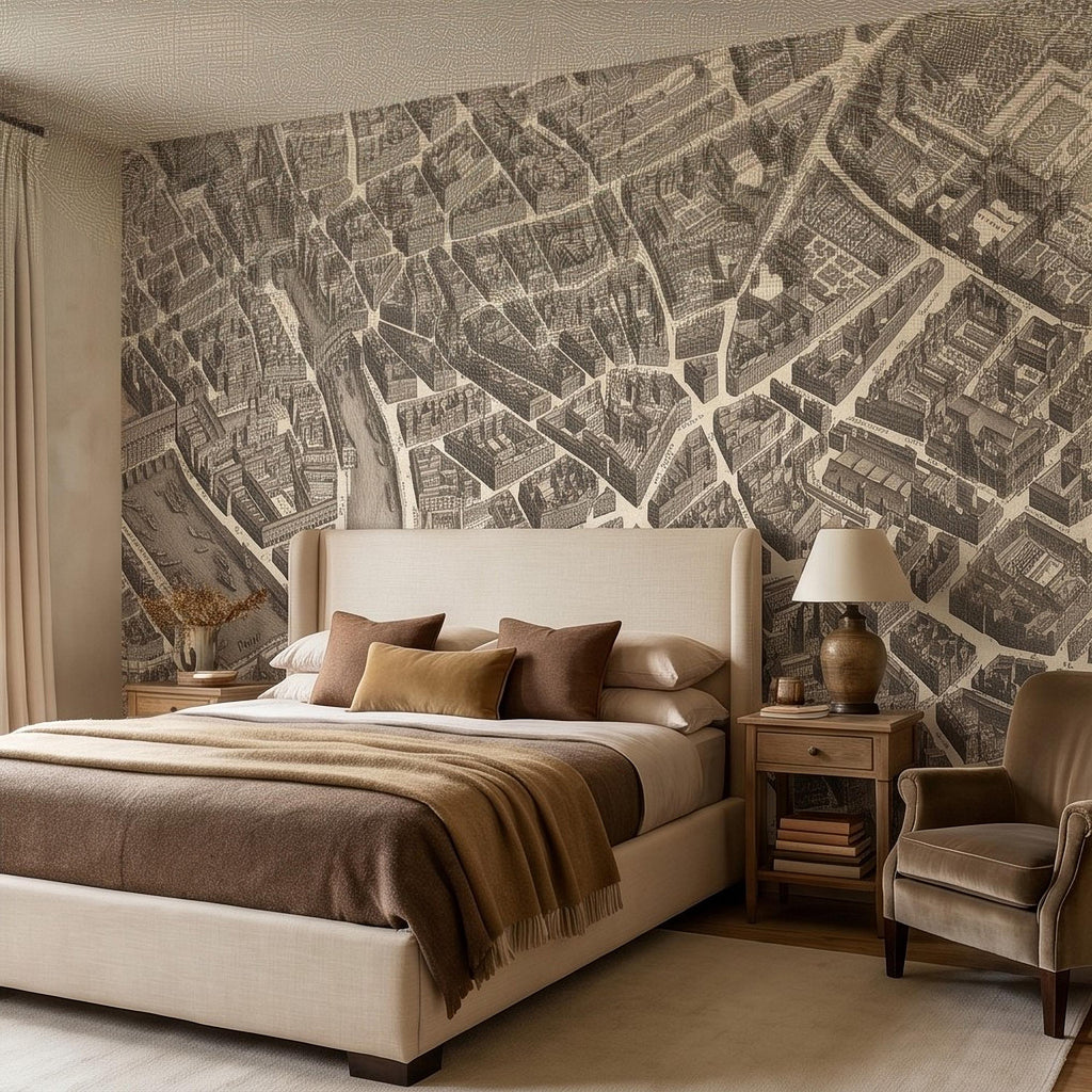 Vintage Paris Map Peel and Stick Wall Mural, Antique France Bird's Eye View Seine River & Notre Dame Wallpaper