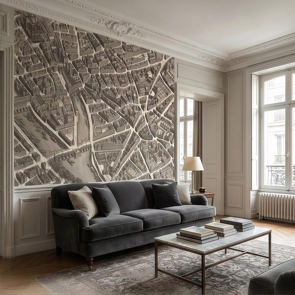 Vintage Paris Map Peel and Stick Wall Mural, Antique France Bird's Eye View Seine River & Notre Dame Wallpaper