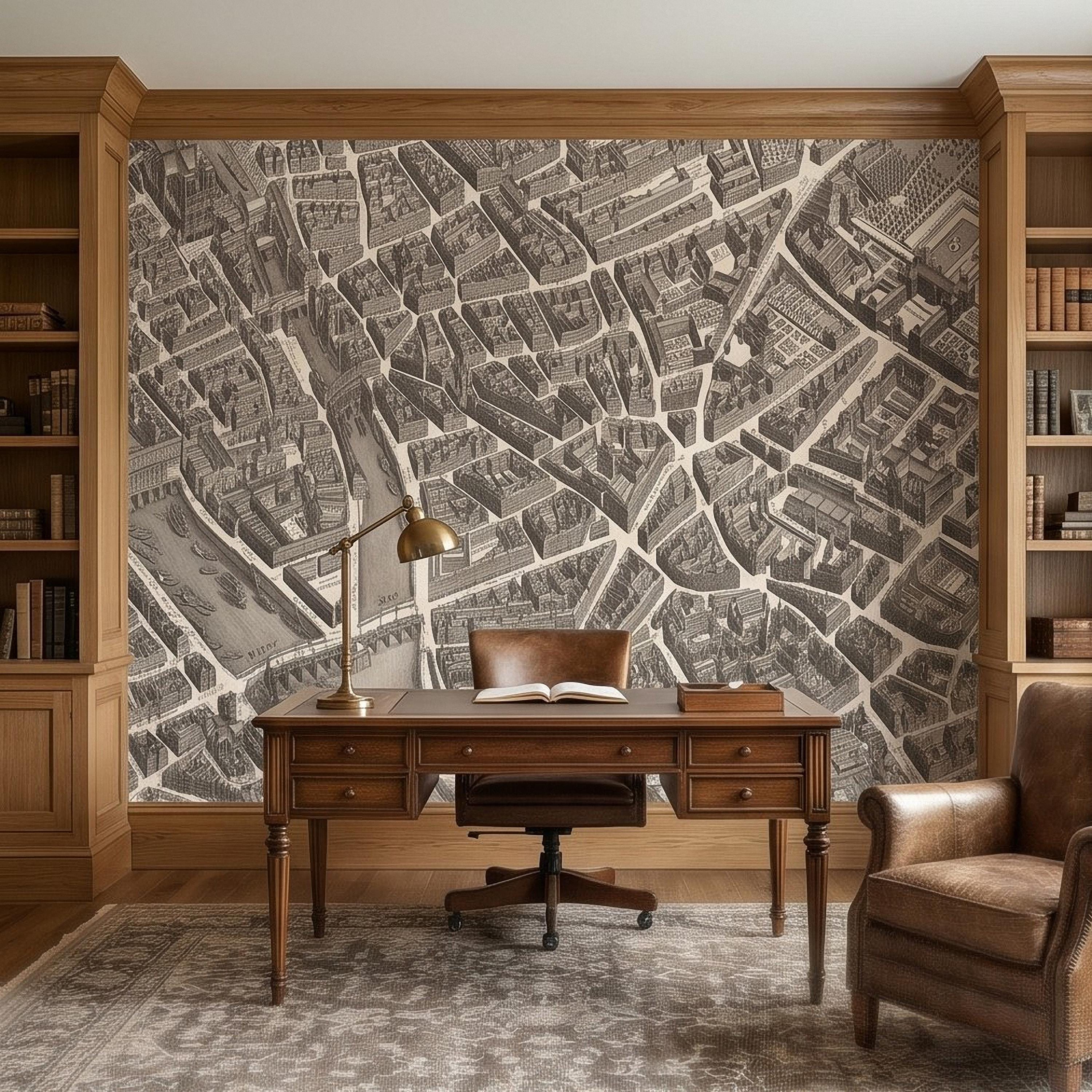 Vintage Paris Map Peel and Stick Wall Mural, Antique France Bird's Eye View Seine River & Notre Dame Wallpaper