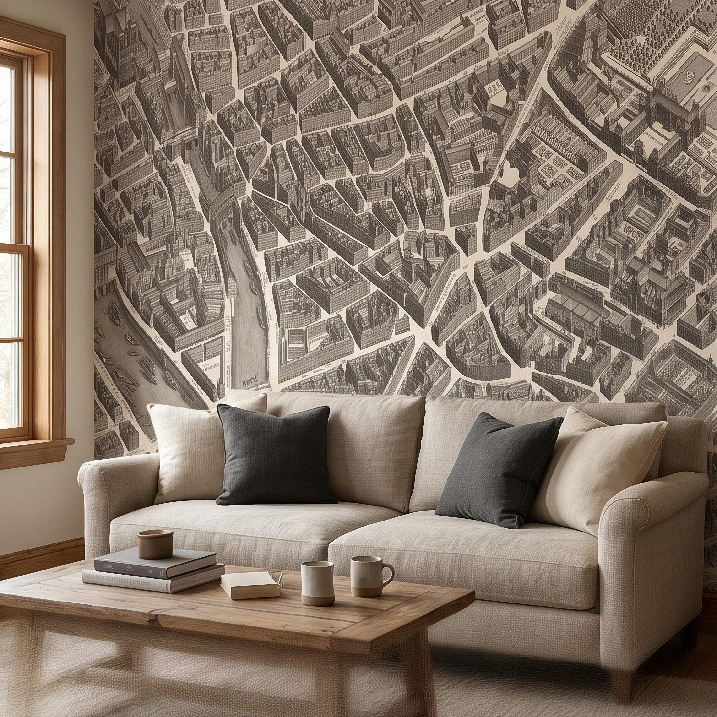 Vintage Paris Map Peel and Stick Wall Mural, Antique France Bird's Eye View Seine River & Notre Dame Wallpaper