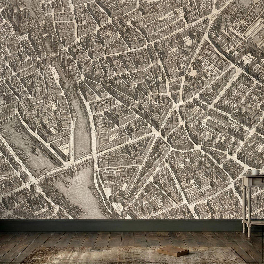 Vintage Paris Map Peel and Stick Wall Mural, Antique France Bird's Eye View Seine River & Notre Dame Wallpaper