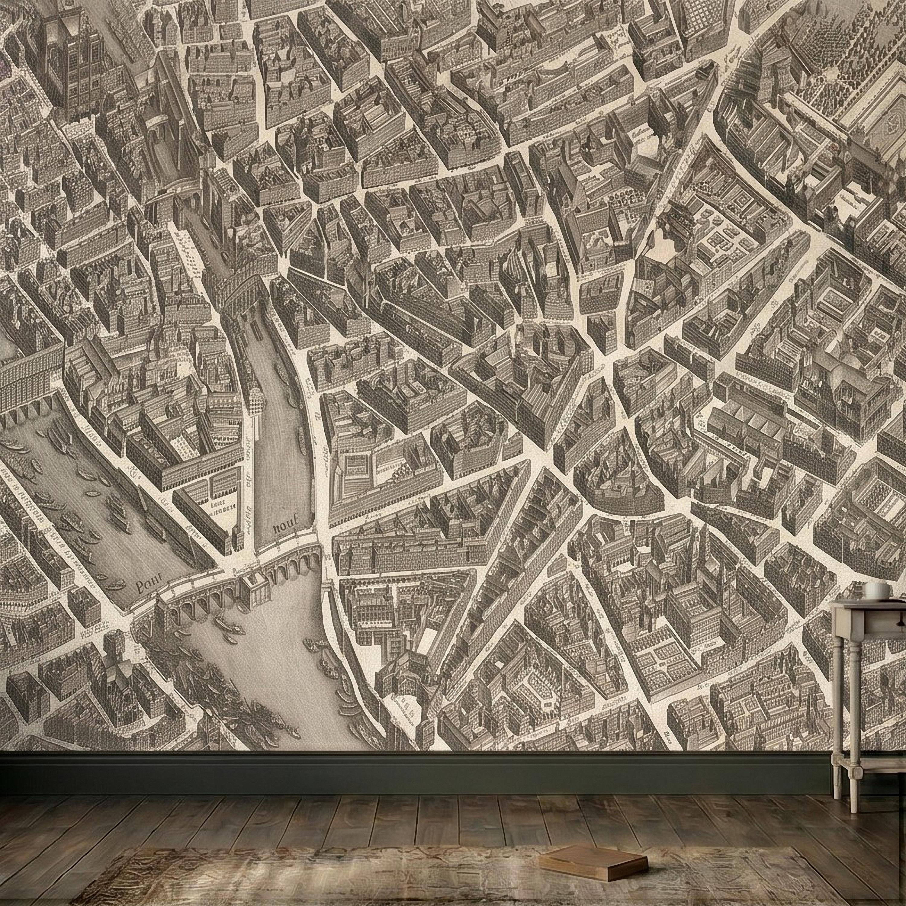 Vintage Paris Map Peel and Stick Wall Mural, Antique France Bird's Eye View Seine River & Notre Dame Wallpaper