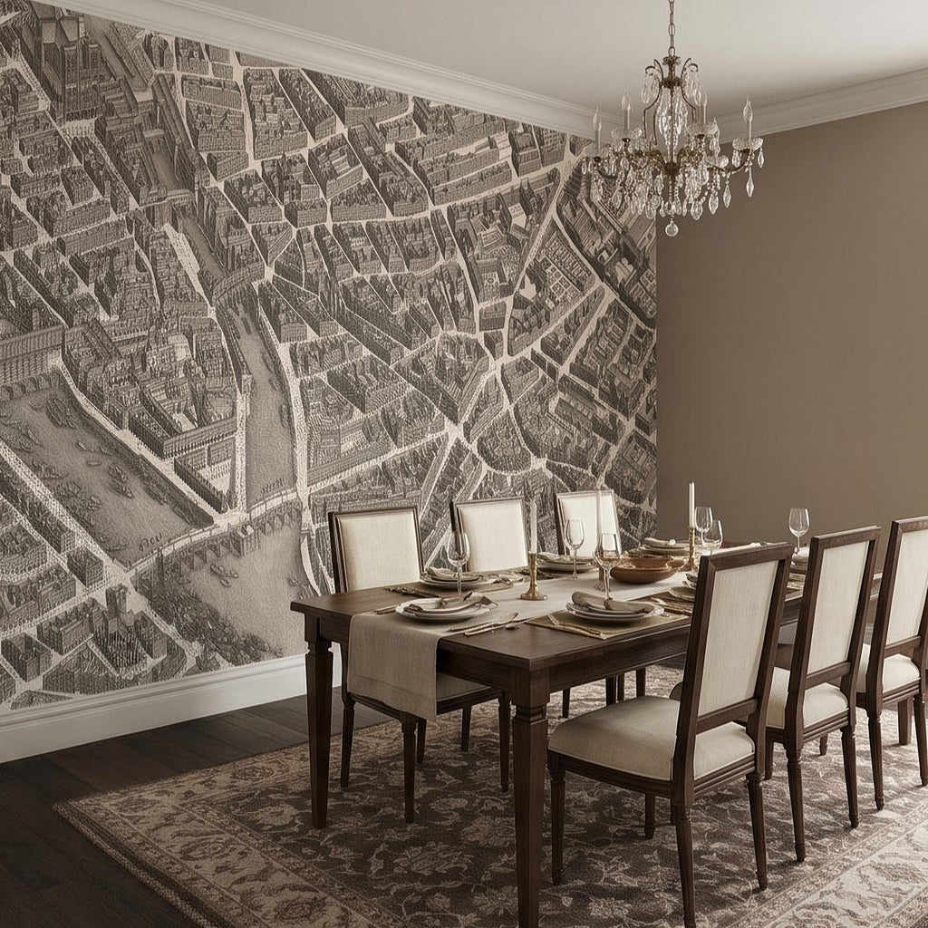 Vintage Paris Map Peel and Stick Wall Mural, Antique France Bird's Eye View Seine River & Notre Dame Wallpaper