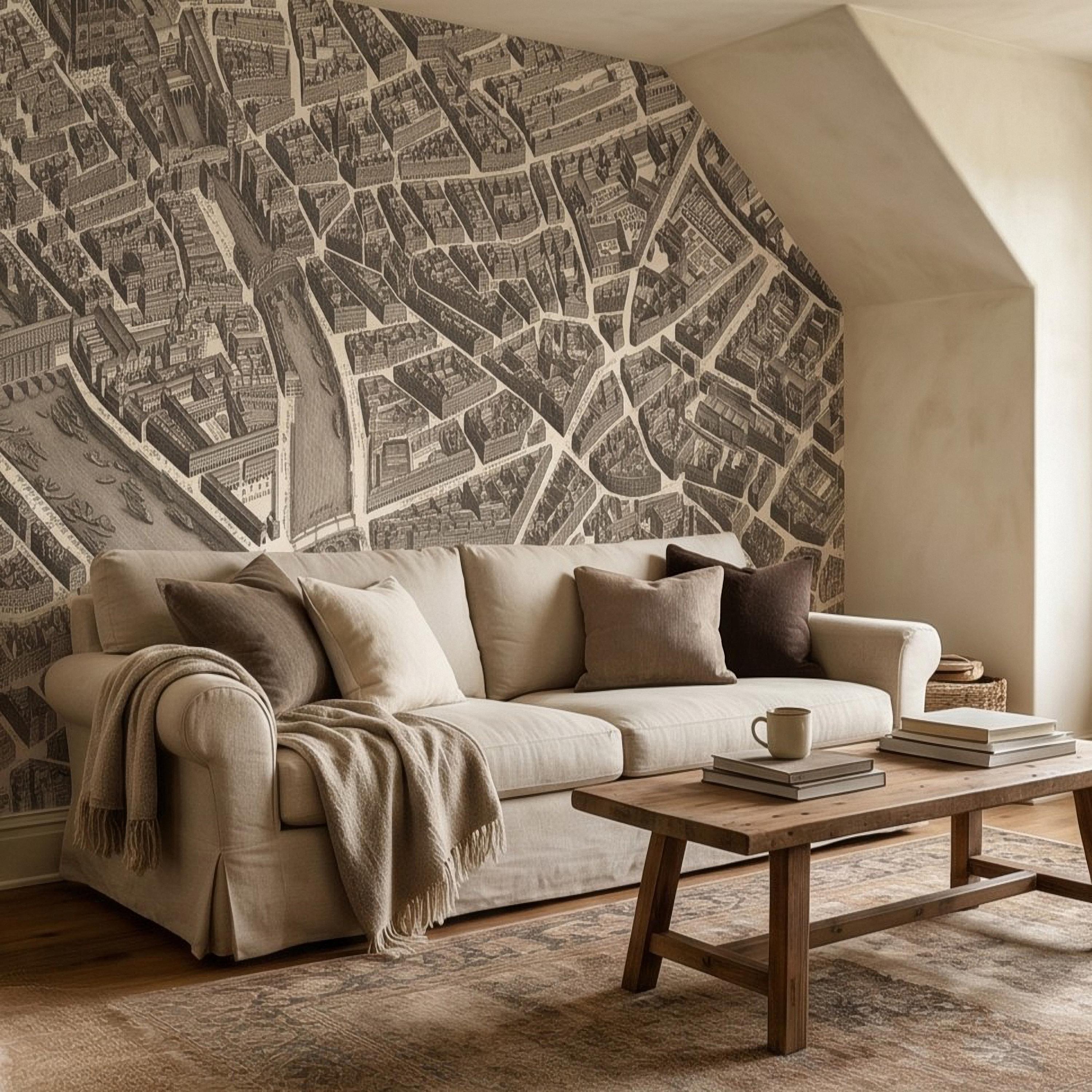 Vintage Paris Map Peel and Stick Wall Mural, Antique France Bird's Eye View Seine River & Notre Dame Wallpaper