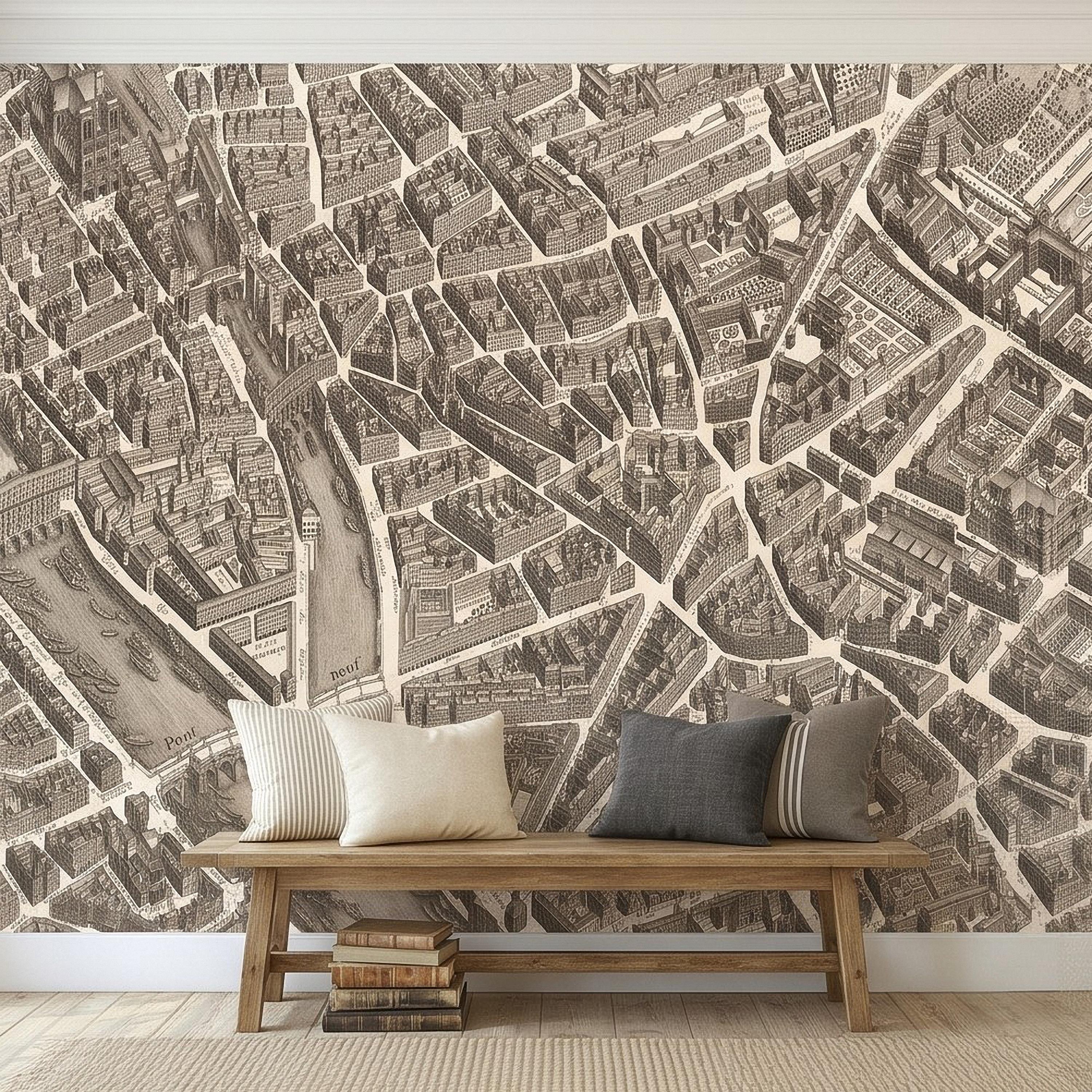 Vintage Paris Map Peel and Stick Wall Mural, Antique France Bird's Eye View Seine River & Notre Dame Wallpaper