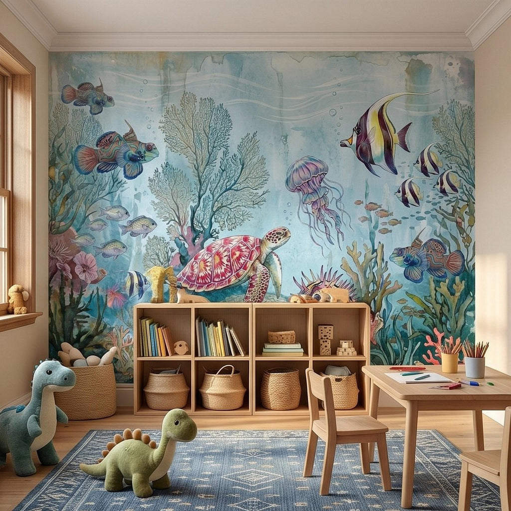 Underwater Ocean Peel and Stick Wall Mural, Watercolor Sea Life with Turtle Jellyfish and Tropical Fish, Coastal Kids Nursery Wallpaper