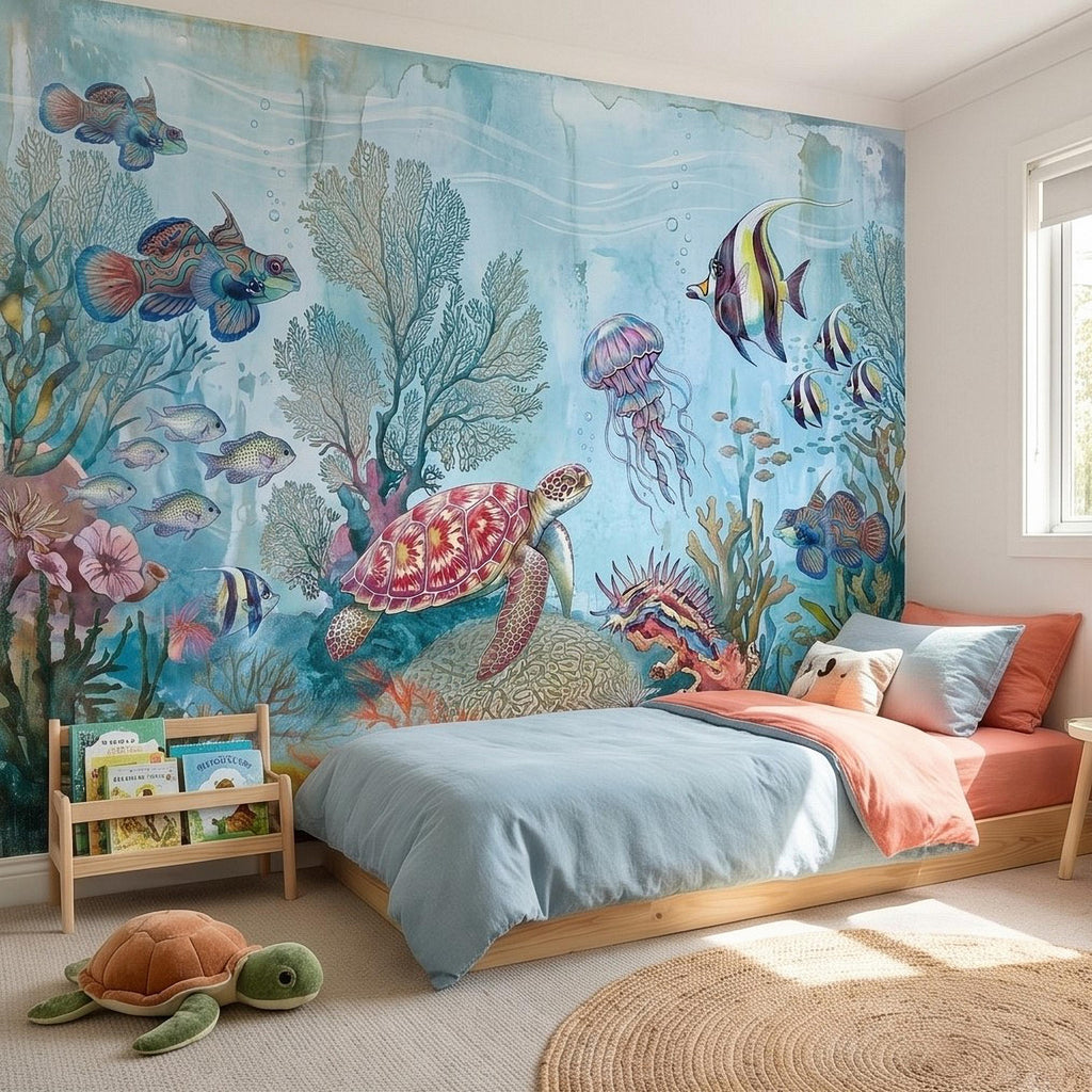 Underwater Ocean Peel and Stick Wall Mural, Watercolor Sea Life with Turtle Jellyfish and Tropical Fish, Coastal Kids Nursery Wallpaper