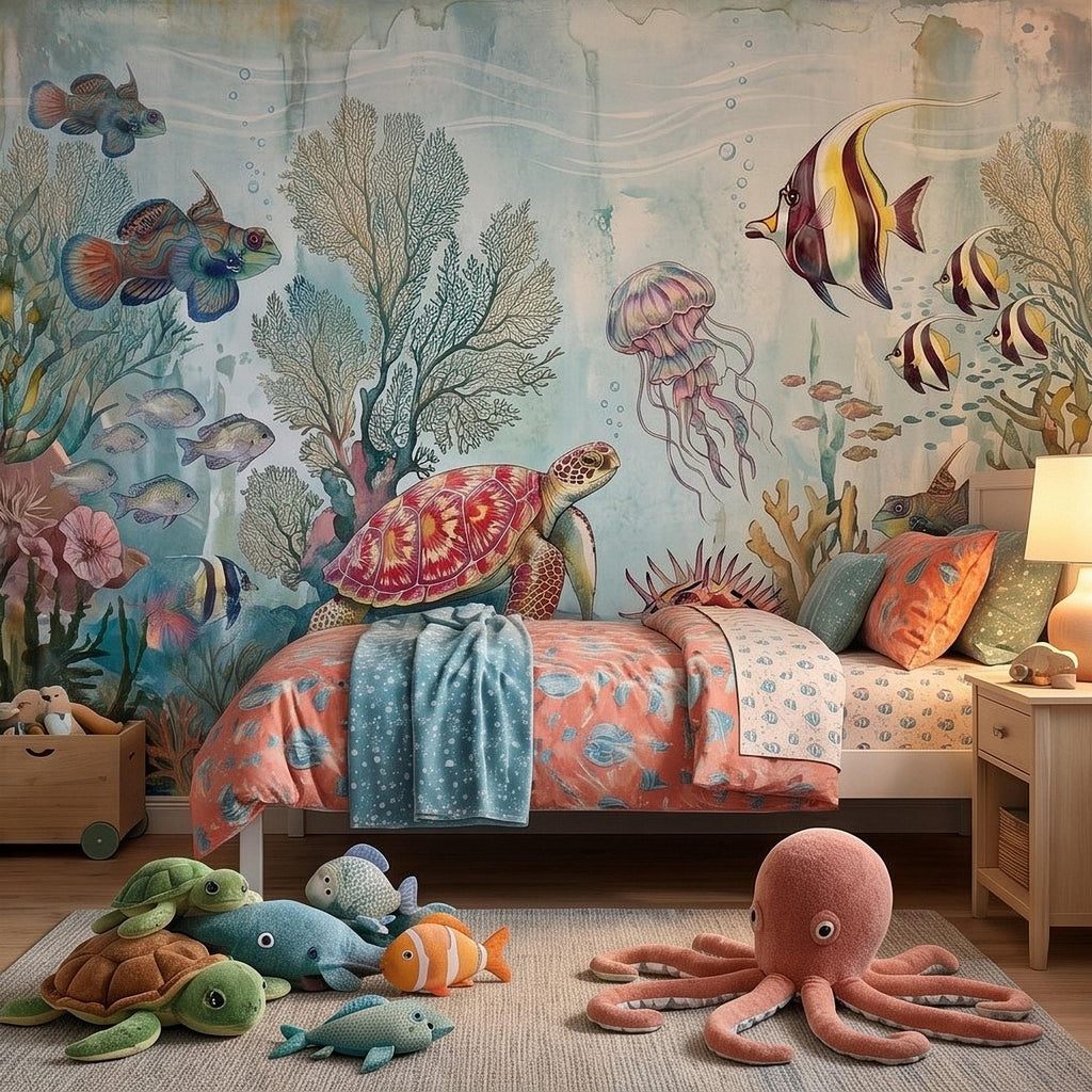 Underwater Ocean Peel and Stick Wall Mural, Watercolor Sea Life with Turtle Jellyfish and Tropical Fish, Coastal Kids Nursery Wallpaper