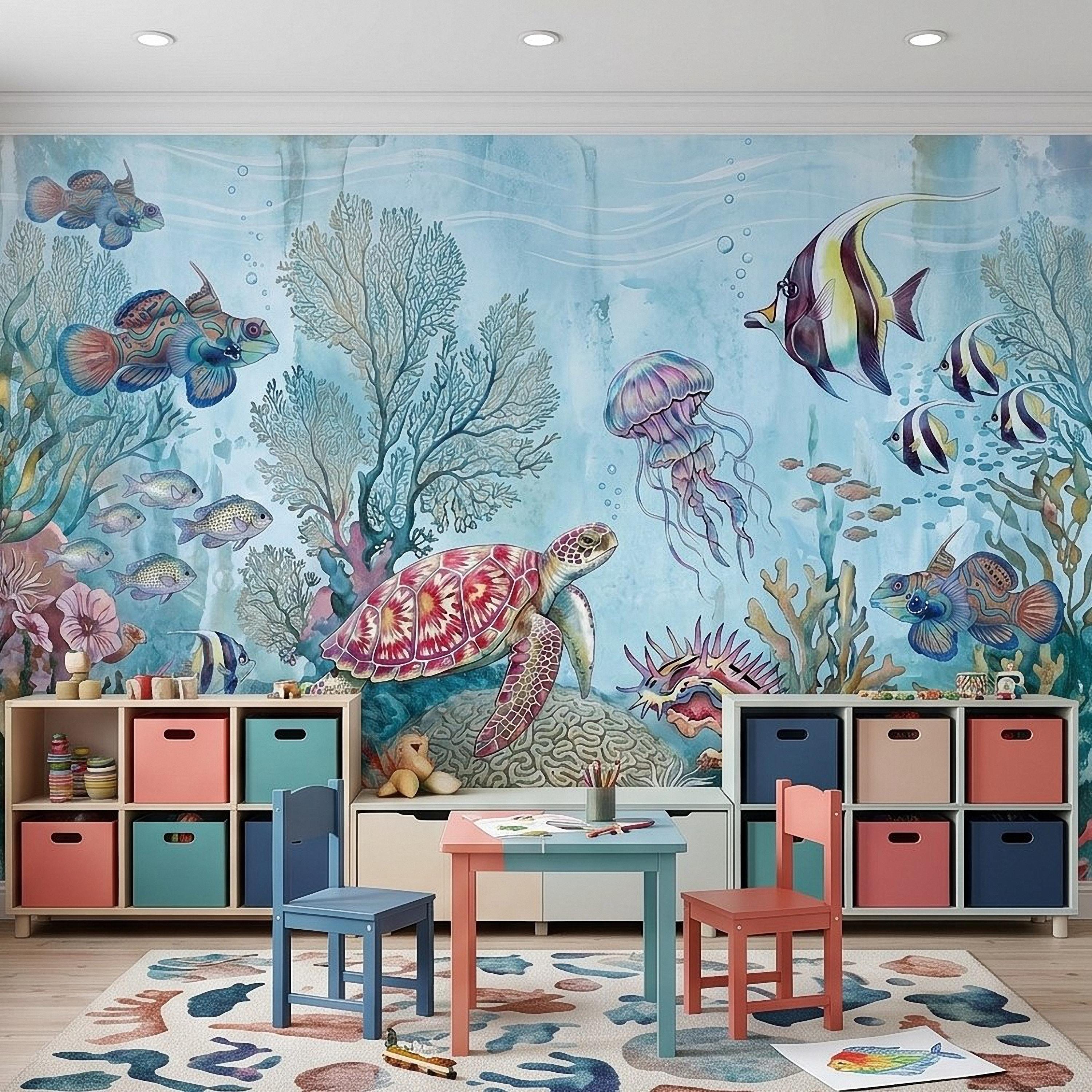 Underwater Ocean Peel and Stick Wall Mural, Watercolor Sea Life with Turtle Jellyfish and Tropical Fish, Coastal Kids Nursery Wallpaper