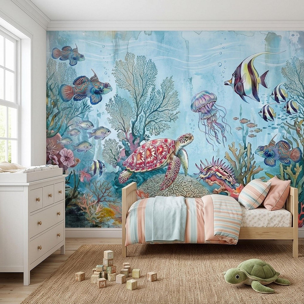 Underwater Ocean Peel and Stick Wall Mural, Watercolor Sea Life with Turtle Jellyfish and Tropical Fish, Coastal Kids Nursery Wallpaper