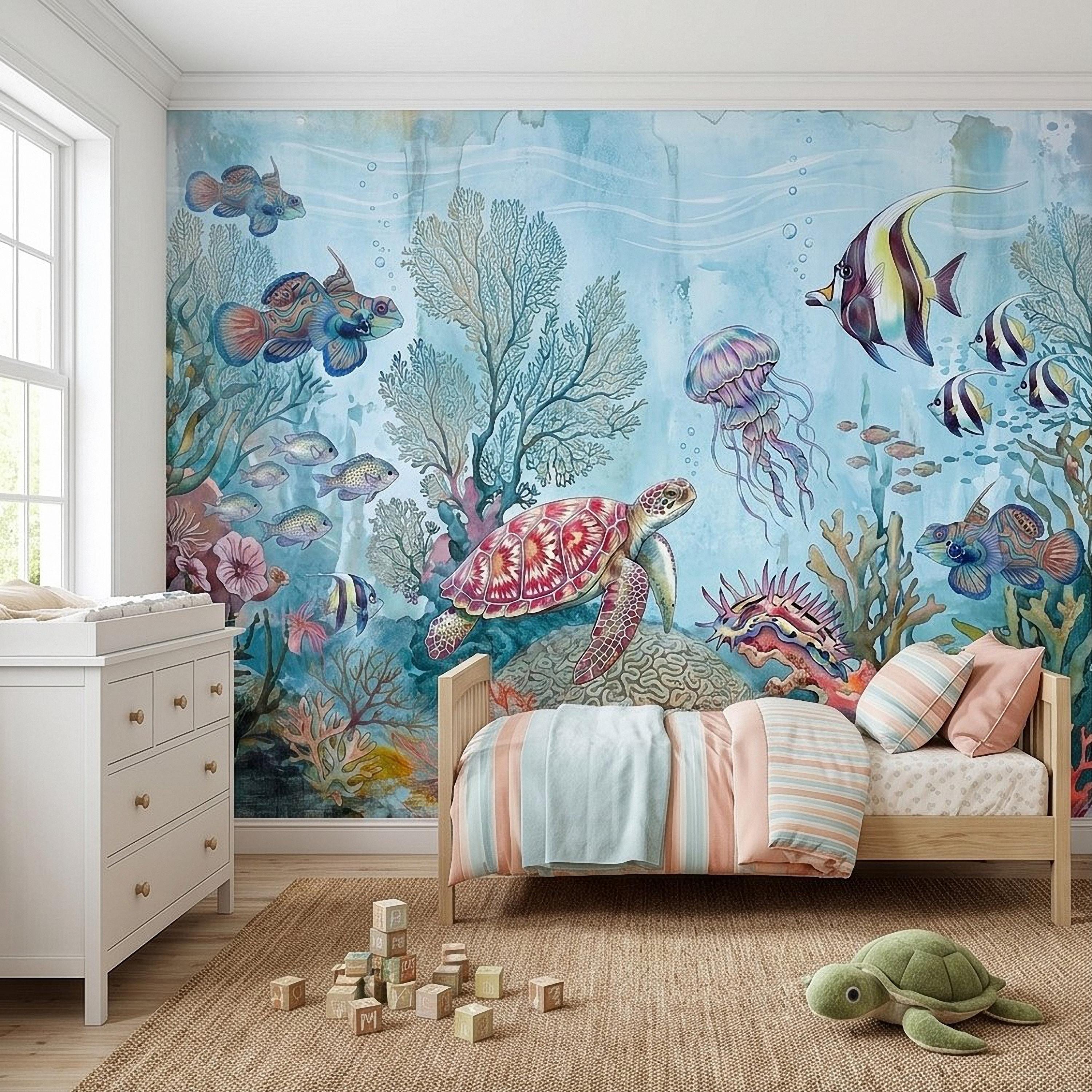 Underwater Ocean Peel and Stick Wall Mural, Watercolor Sea Life with Turtle Jellyfish and Tropical Fish, Coastal Kids Nursery Wallpaper