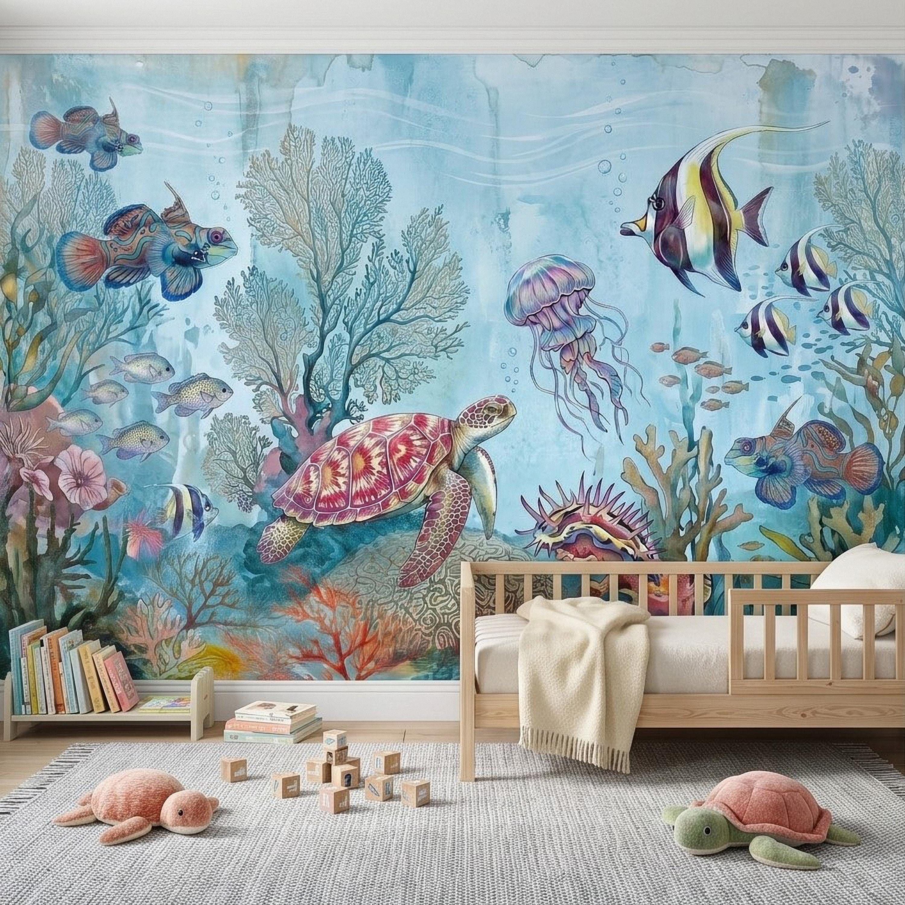 Underwater Ocean Peel and Stick Wall Mural, Watercolor Sea Life with Turtle Jellyfish and Tropical Fish, Coastal Kids Nursery Wallpaper