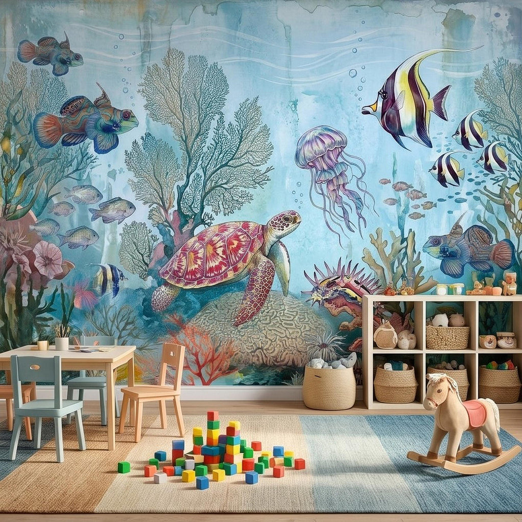 Underwater Ocean Peel and Stick Wall Mural, Watercolor Sea Life with Turtle Jellyfish and Tropical Fish, Coastal Kids Nursery Wallpaper