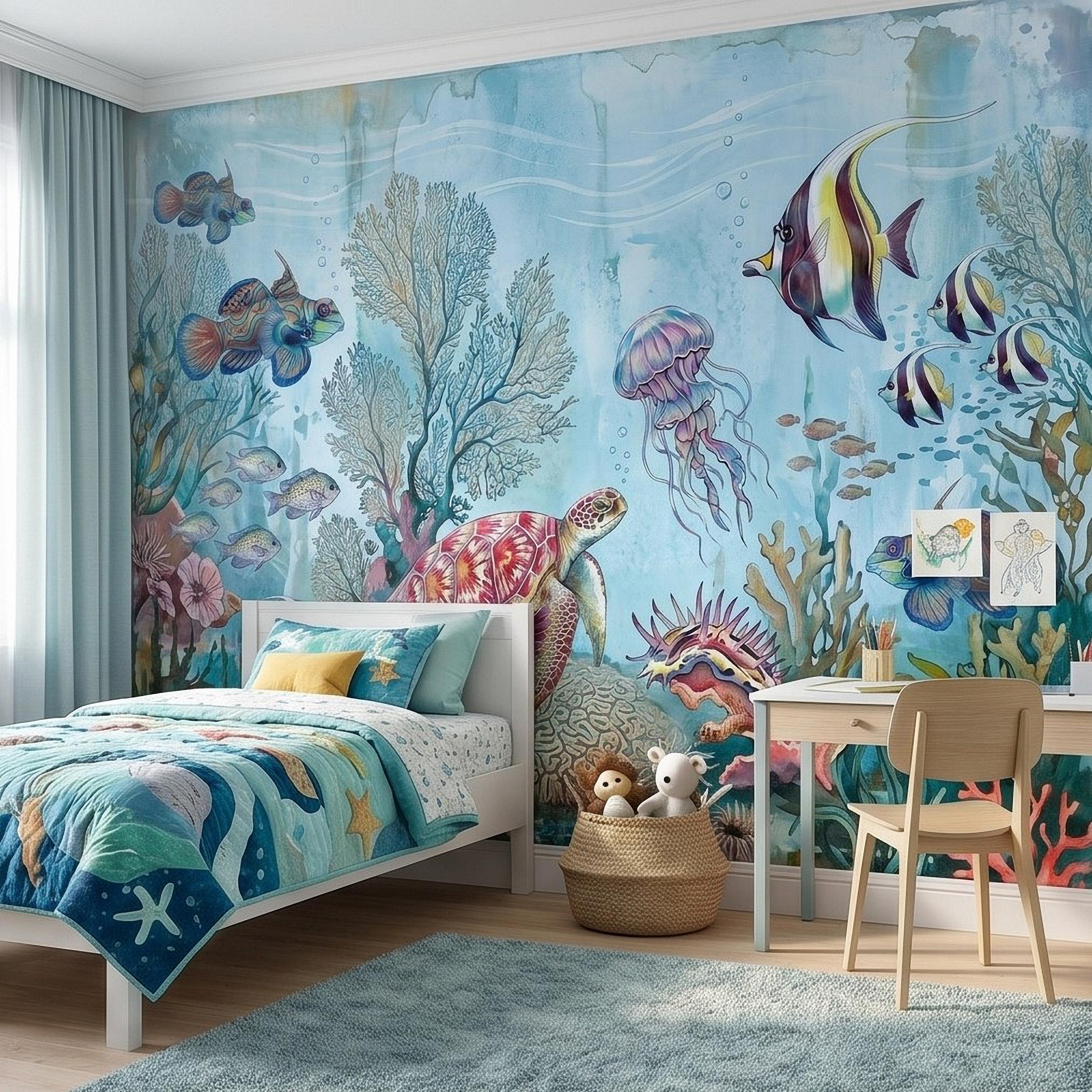 Underwater Ocean Peel and Stick Wall Mural, Watercolor Sea Life with Turtle Jellyfish and Tropical Fish, Coastal Kids Nursery Wallpaper