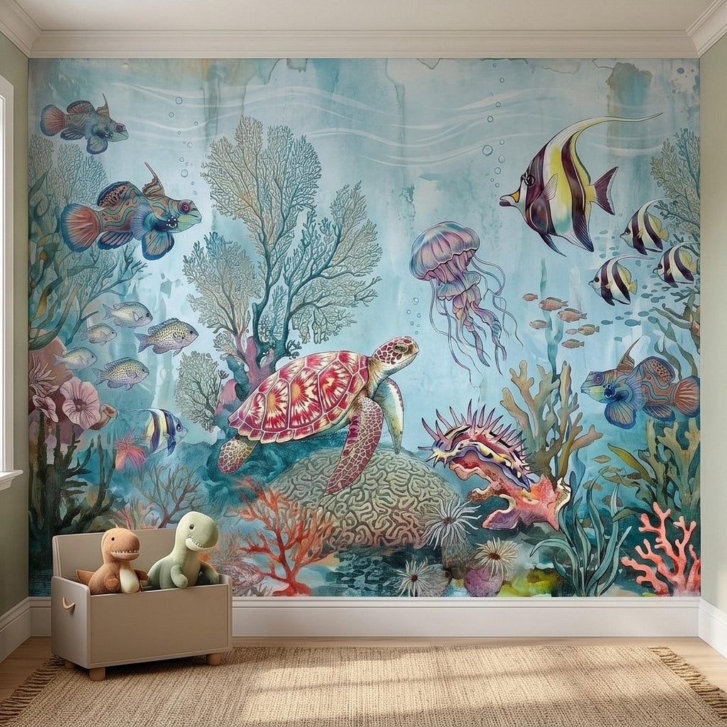 Underwater Ocean Peel and Stick Wall Mural, Watercolor Sea Life with Turtle Jellyfish and Tropical Fish, Coastal Kids Nursery Wallpaper