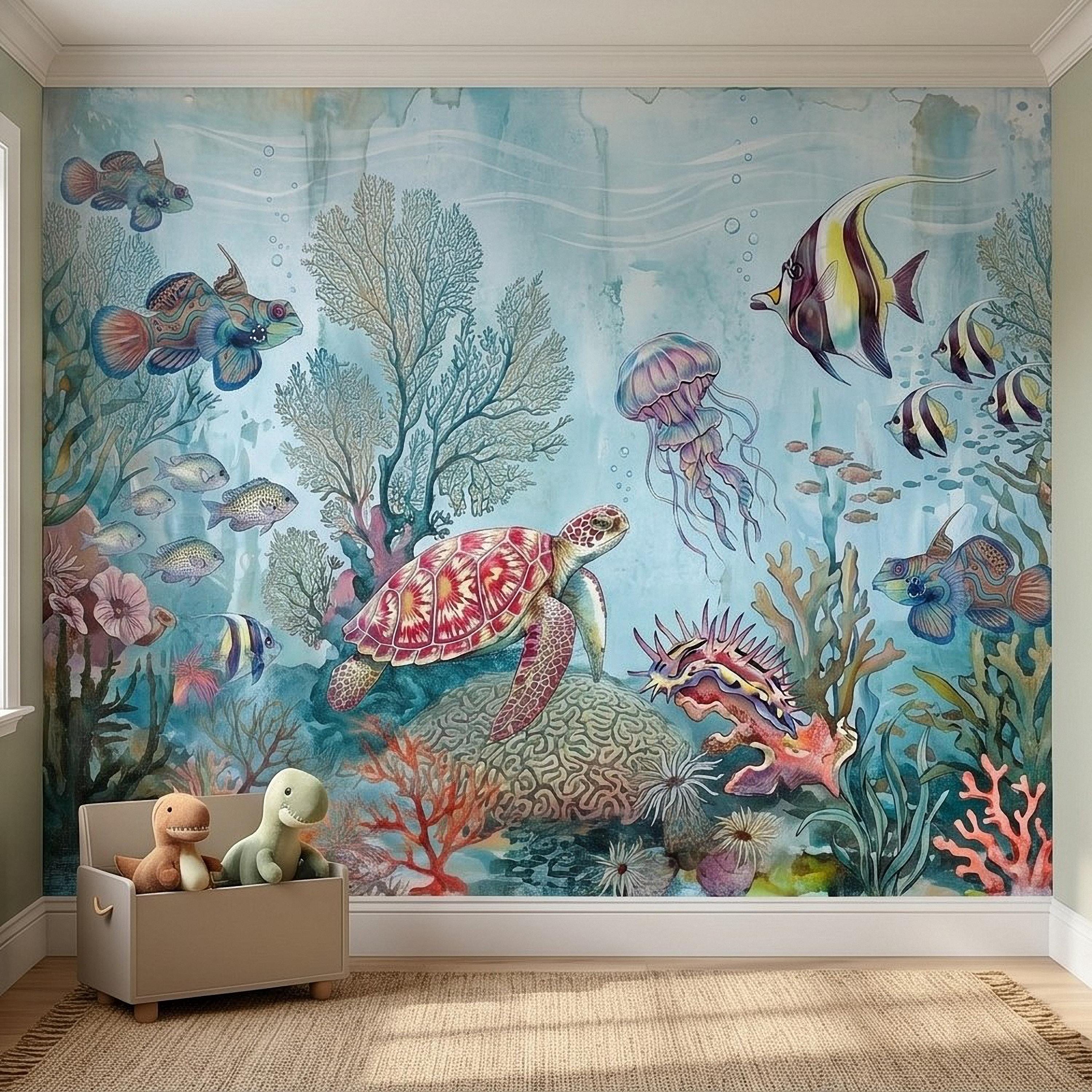 Underwater Ocean Peel and Stick Wall Mural, Watercolor Sea Life with Turtle Jellyfish and Tropical Fish, Coastal Kids Nursery Wallpaper