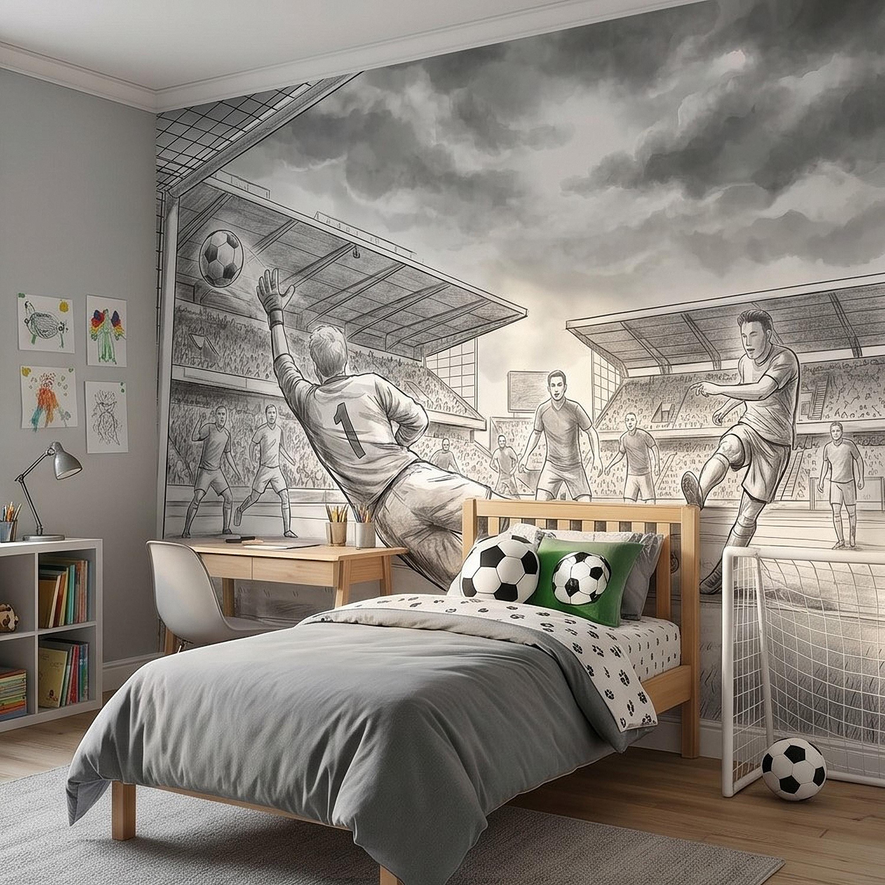Soccer Peel and Stick Wall Mural, Black and White Action Football Scene with Goalkeeper Save, Boys Room Sports Wallpaper