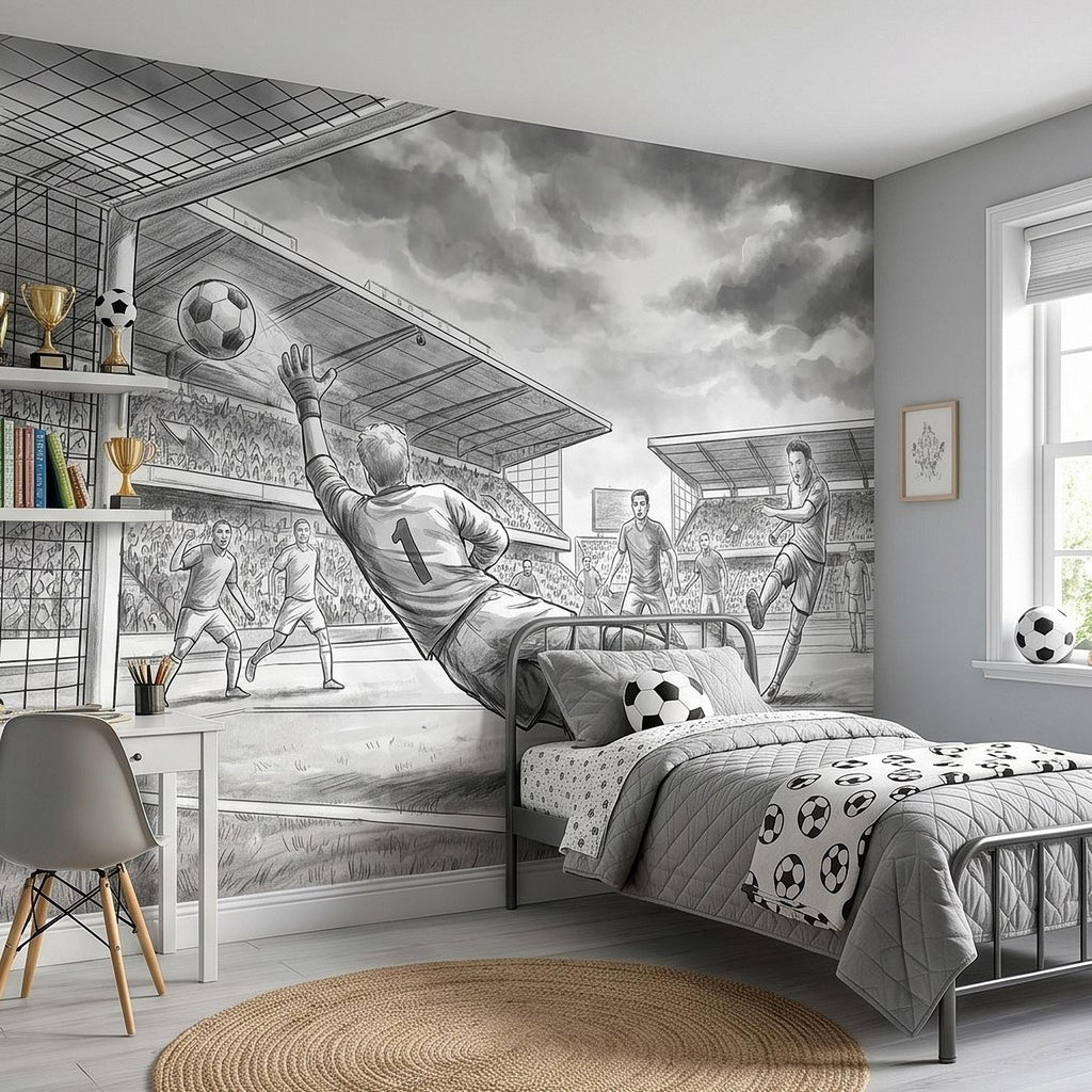 Soccer Peel and Stick Wall Mural, Black and White Action Football Scene with Goalkeeper Save, Boys Room Sports Wallpaper