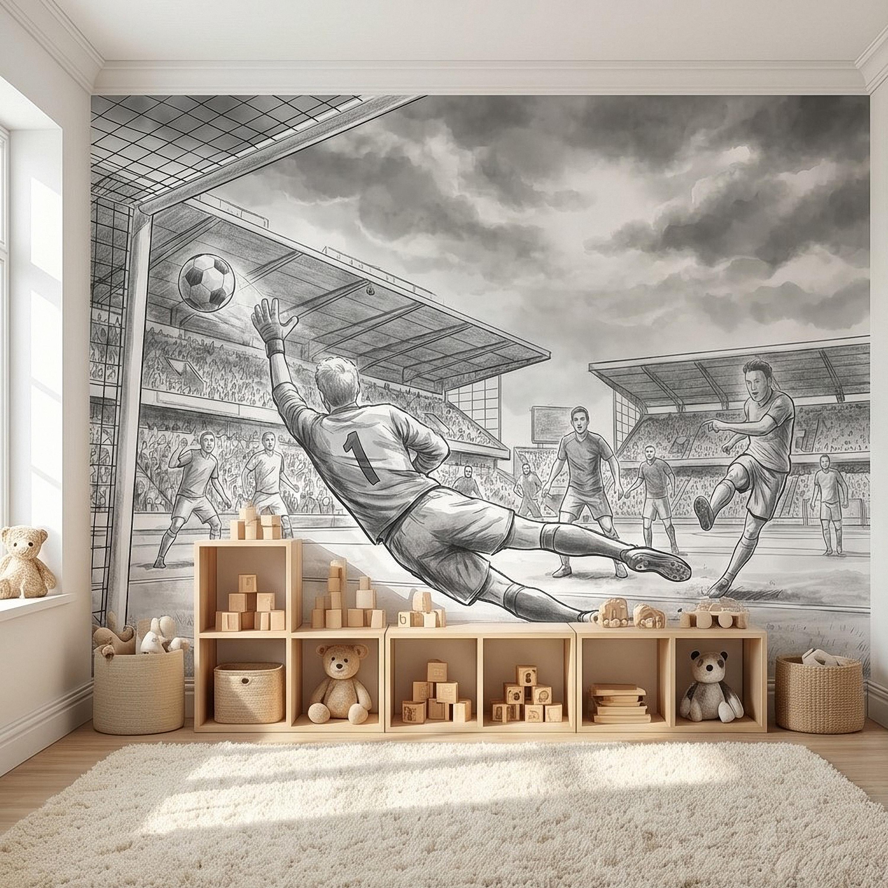 Soccer Peel and Stick Wall Mural, Black and White Action Football Scene with Goalkeeper Save, Boys Room Sports Wallpaper
