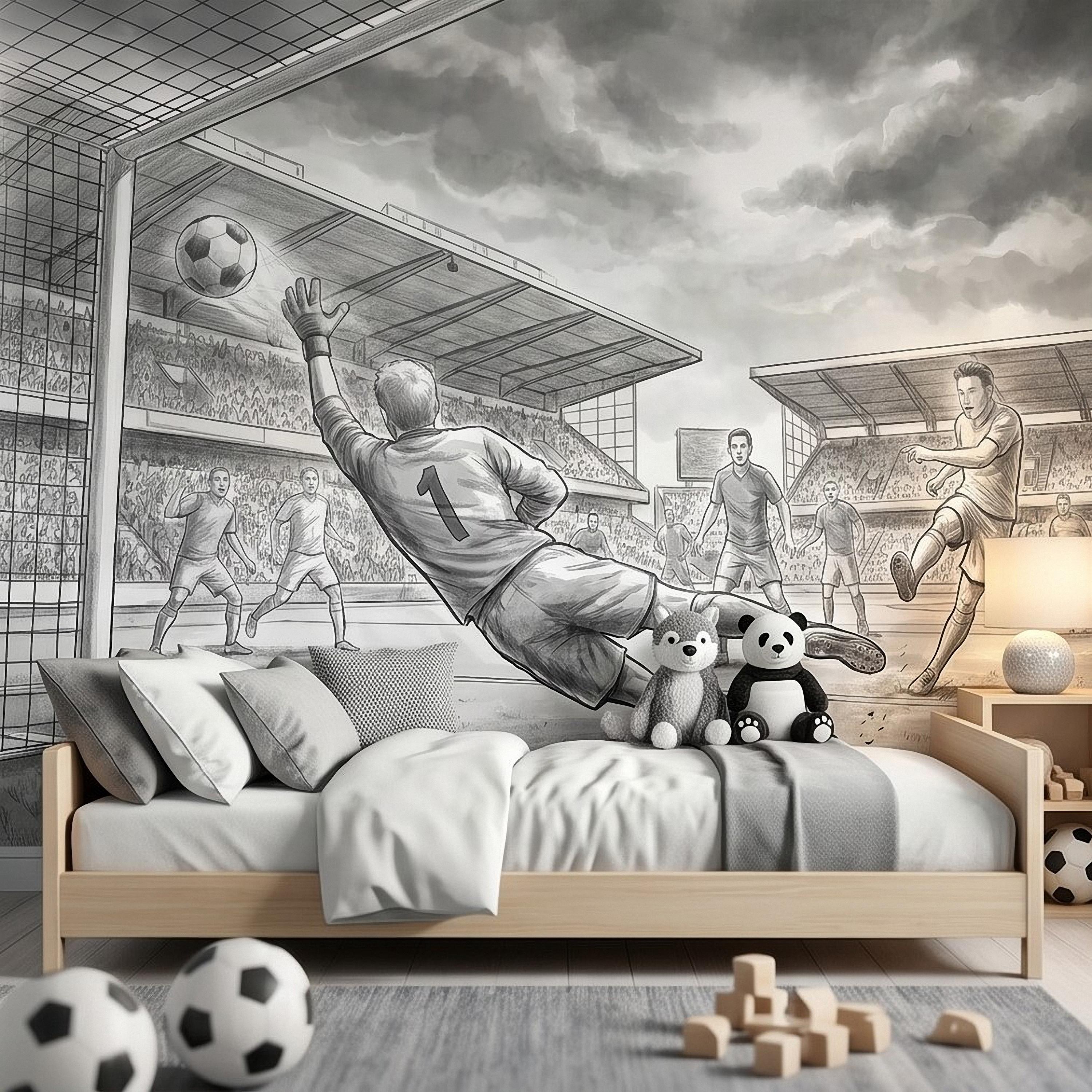 Soccer Peel and Stick Wall Mural, Black and White Action Football Scene with Goalkeeper Save, Boys Room Sports Wallpaper