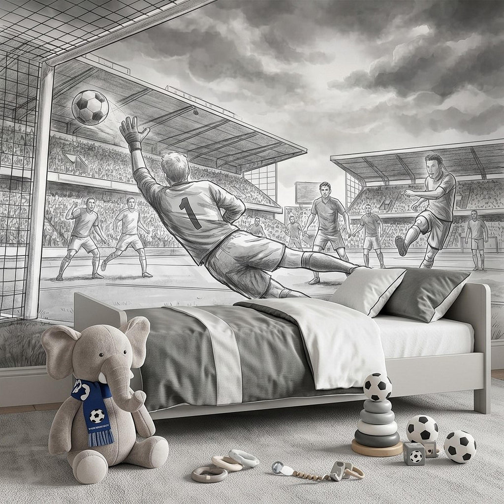 Soccer Peel and Stick Wall Mural, Black and White Action Football Scene with Goalkeeper Save, Boys Room Sports Wallpaper