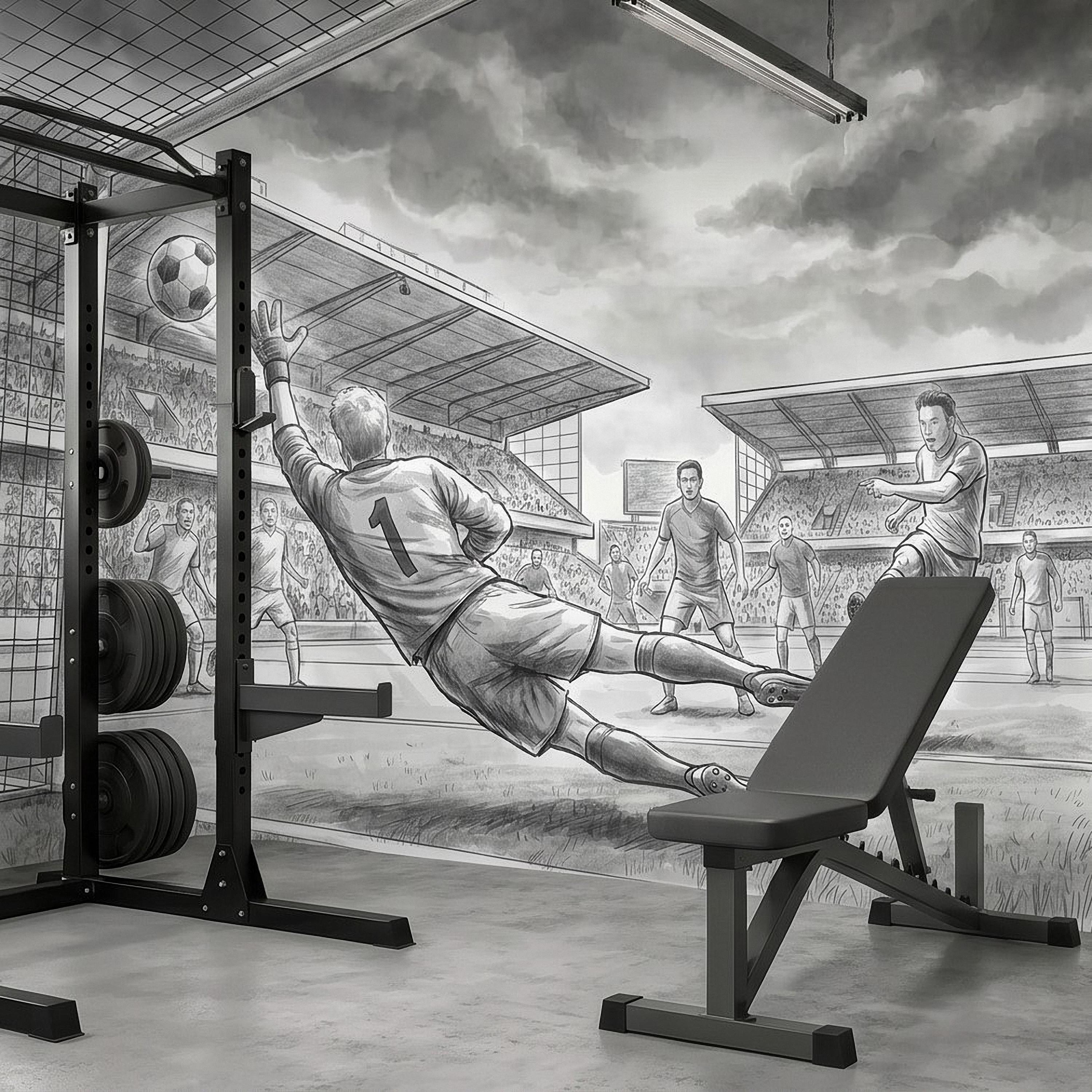 Soccer Peel and Stick Wall Mural, Black and White Action Football Scene with Goalkeeper Save, Boys Room Sports Wallpaper
