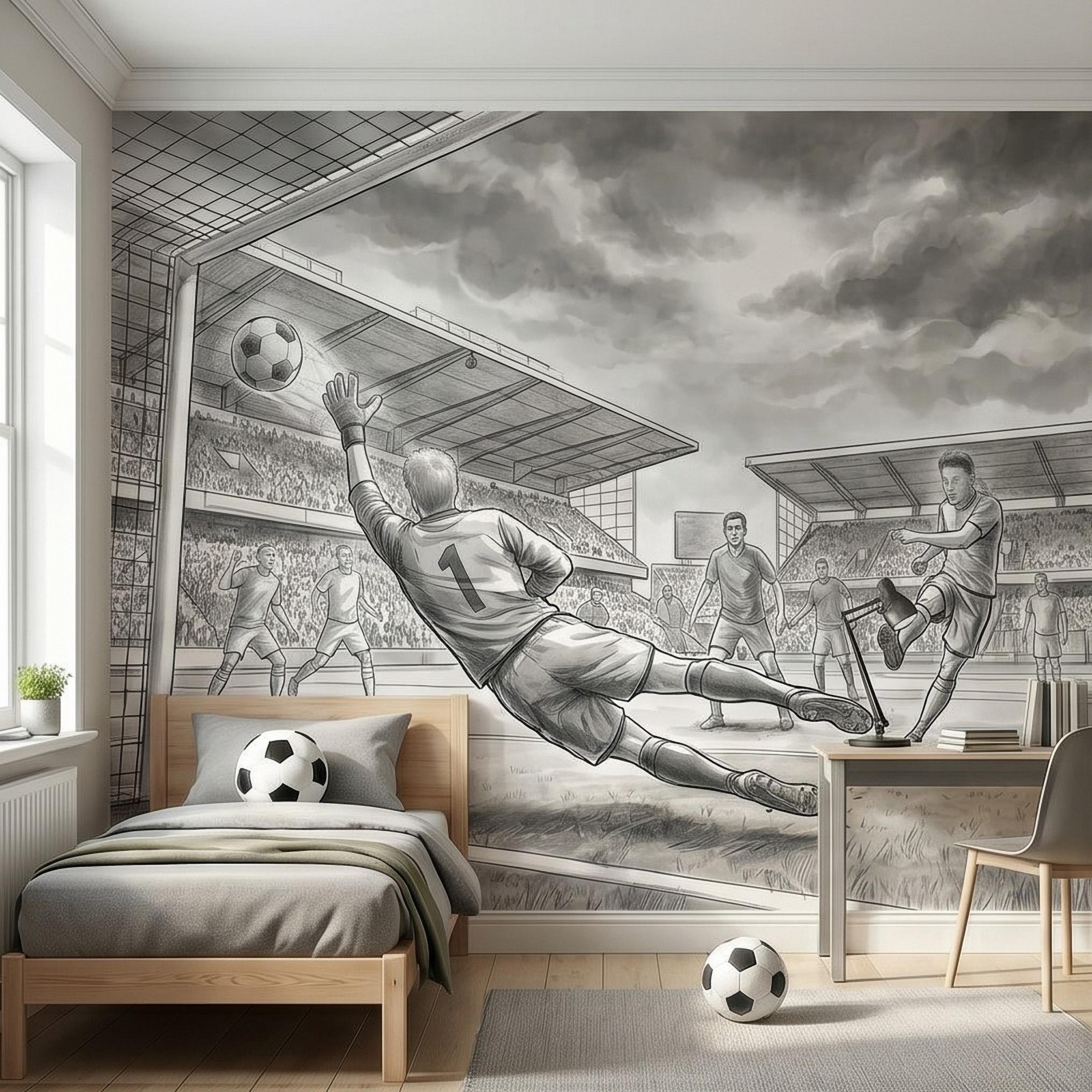 Soccer Peel and Stick Wall Mural, Black and White Action Football Scene with Goalkeeper Save, Boys Room Sports Wallpaper
