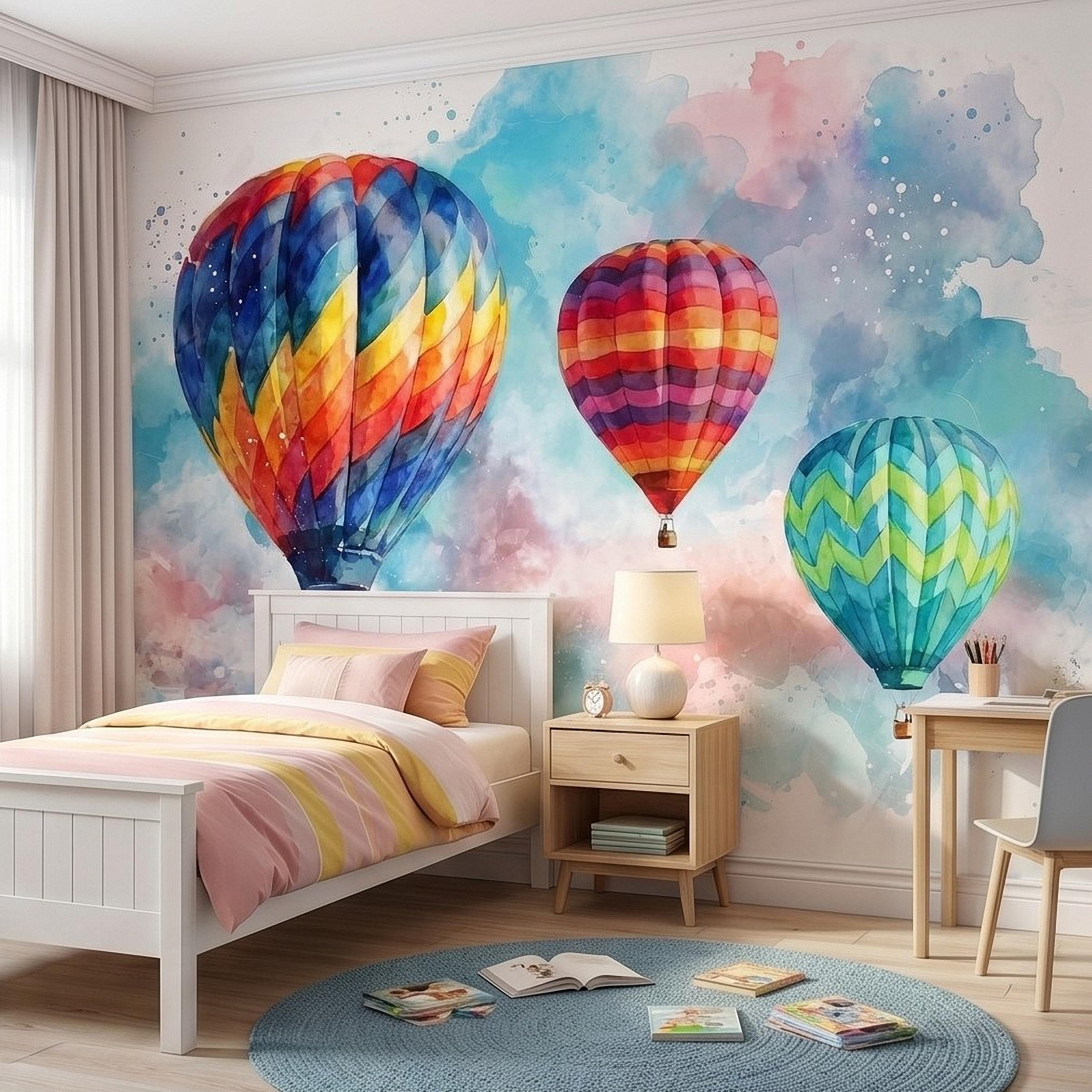 Hot Air Balloon Peel and Stick Wall Mural, Colorful Watercolor Sky with Pastel Clouds, Adventure Nursery Kids Room Wallpaper