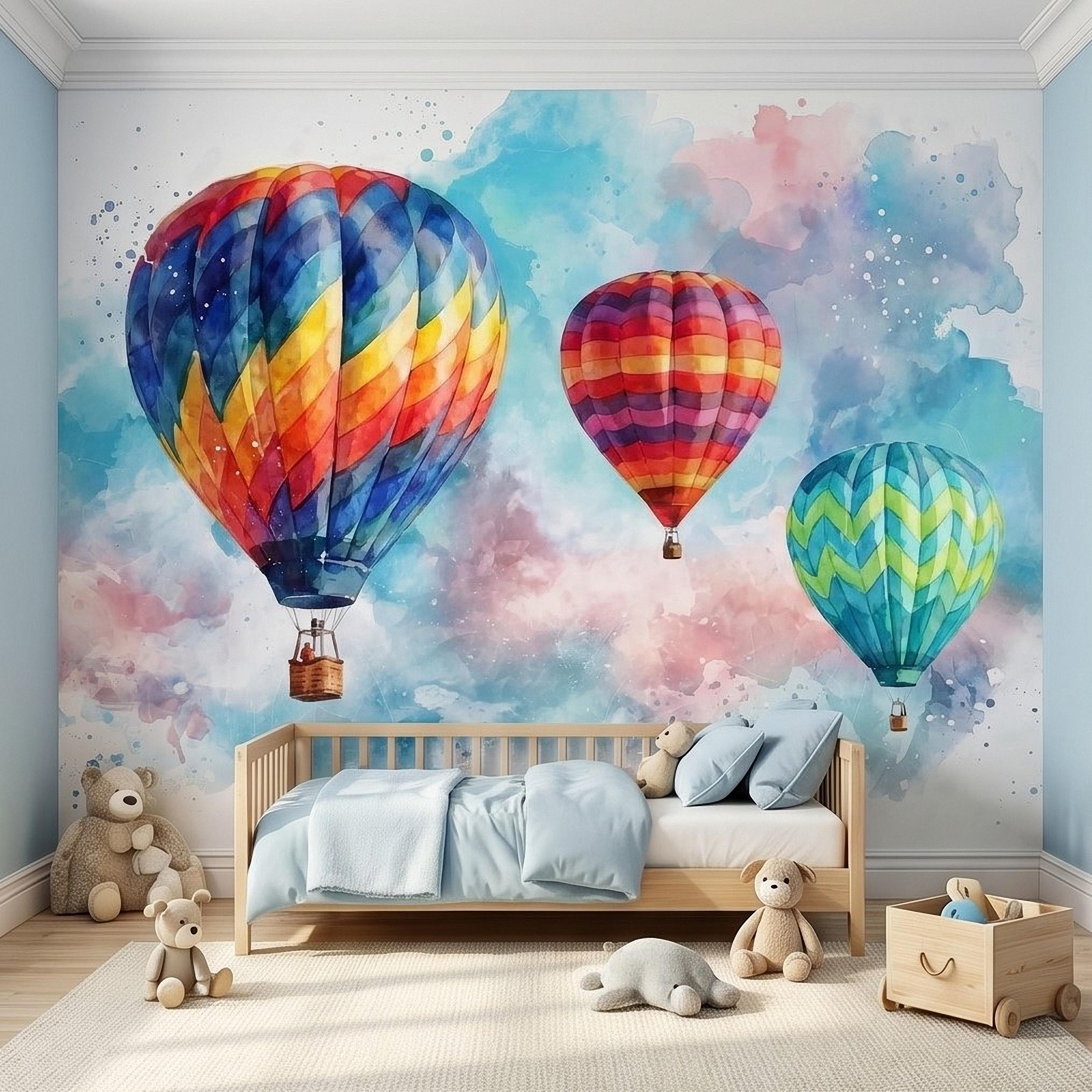 Hot Air Balloon Peel and Stick Wall Mural, Colorful Watercolor Sky with Pastel Clouds, Adventure Nursery Kids Room Wallpaper