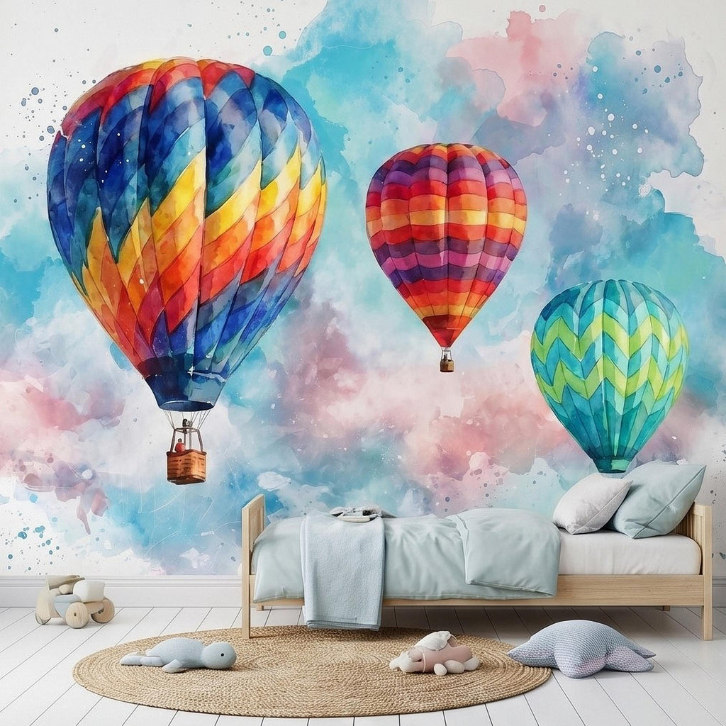 Hot Air Balloon Peel and Stick Wall Mural, Colorful Watercolor Sky with Pastel Clouds, Adventure Nursery Kids Room Wallpaper