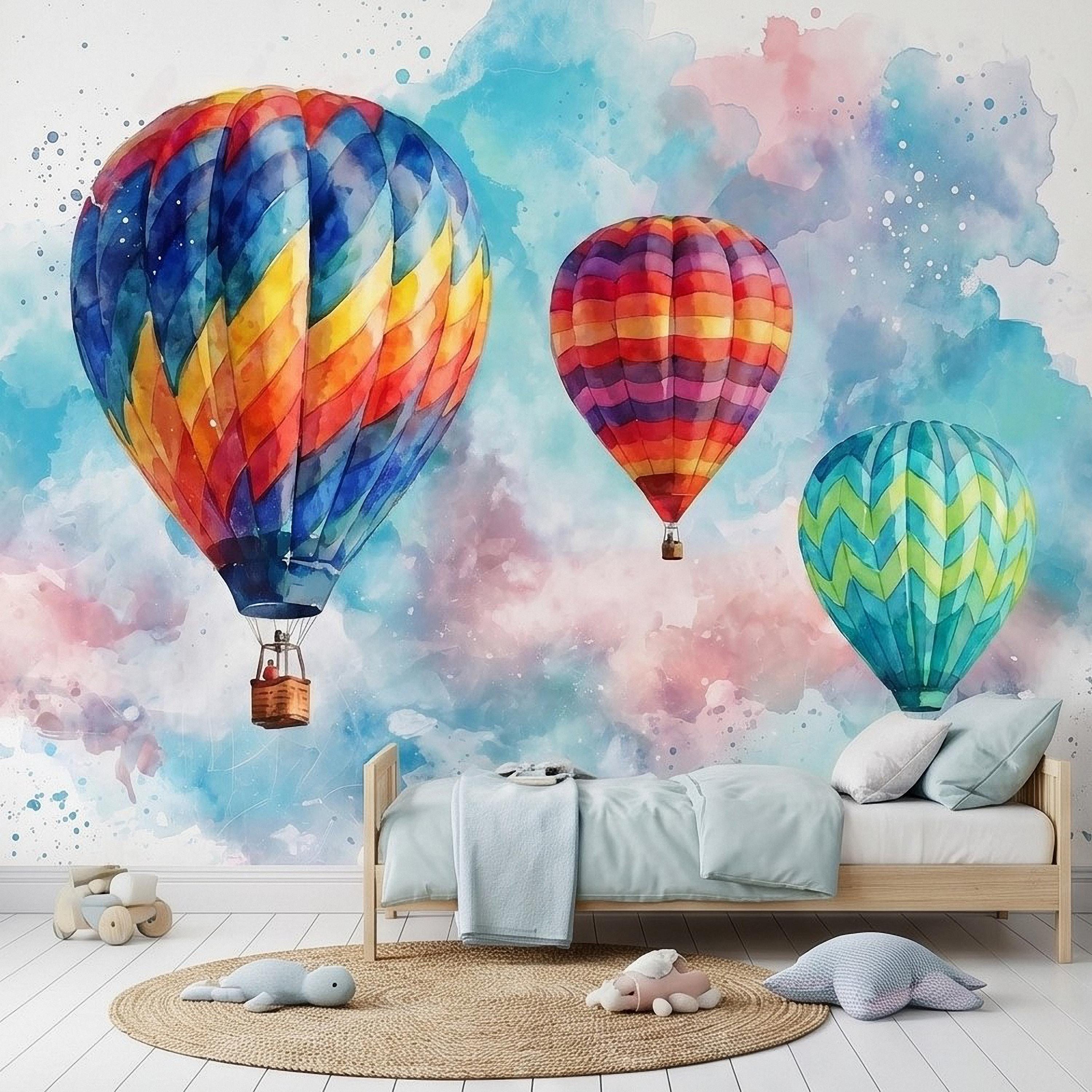 Hot Air Balloon Peel and Stick Wall Mural, Colorful Watercolor Sky with Pastel Clouds, Adventure Nursery Kids Room Wallpaper