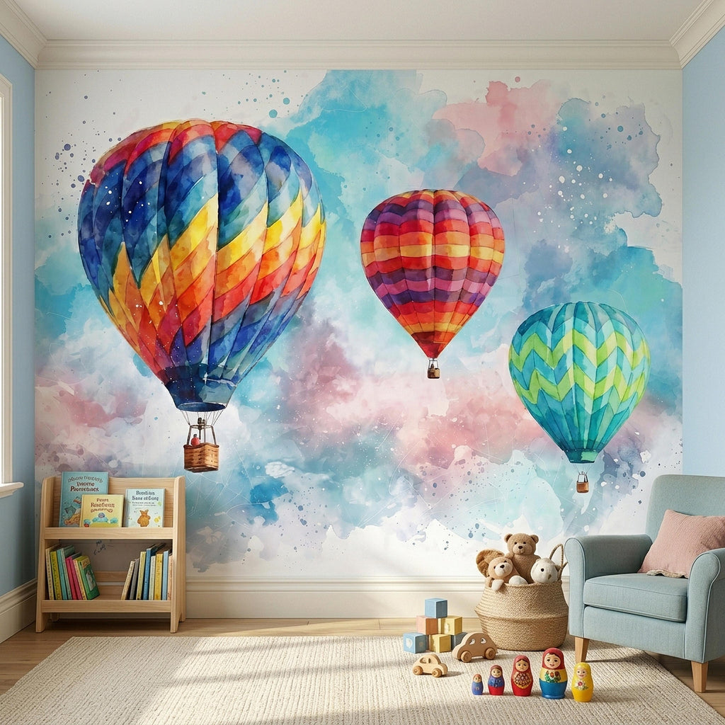 Hot Air Balloon Peel and Stick Wall Mural, Colorful Watercolor Sky with Pastel Clouds, Adventure Nursery Kids Room Wallpaper