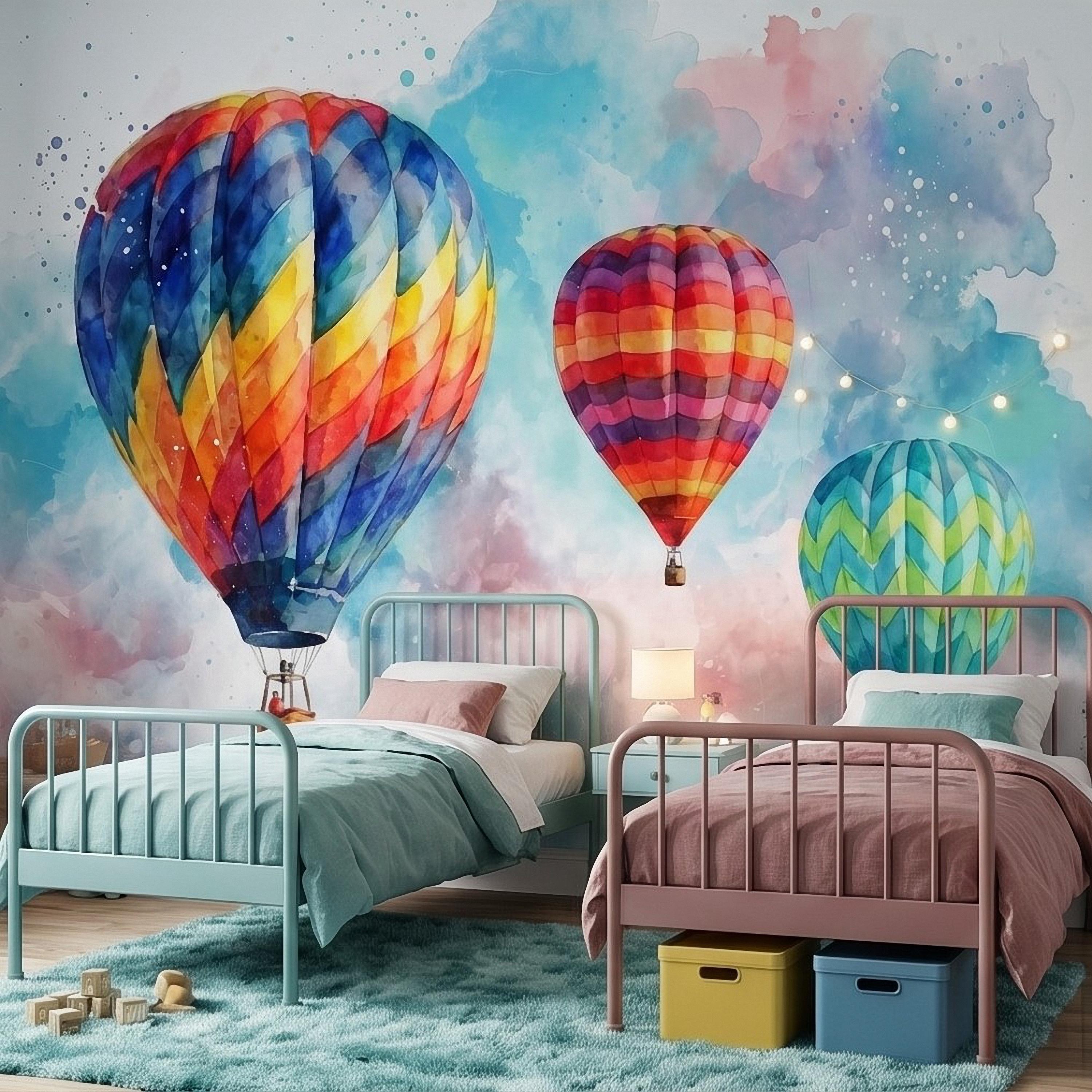 Hot Air Balloon Peel and Stick Wall Mural, Colorful Watercolor Sky with Pastel Clouds, Adventure Nursery Kids Room Wallpaper