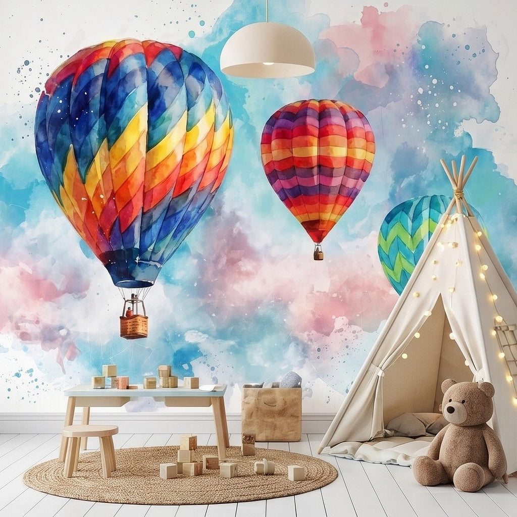 Hot Air Balloon Peel and Stick Wall Mural, Colorful Watercolor Sky with Pastel Clouds, Adventure Nursery Kids Room Wallpaper