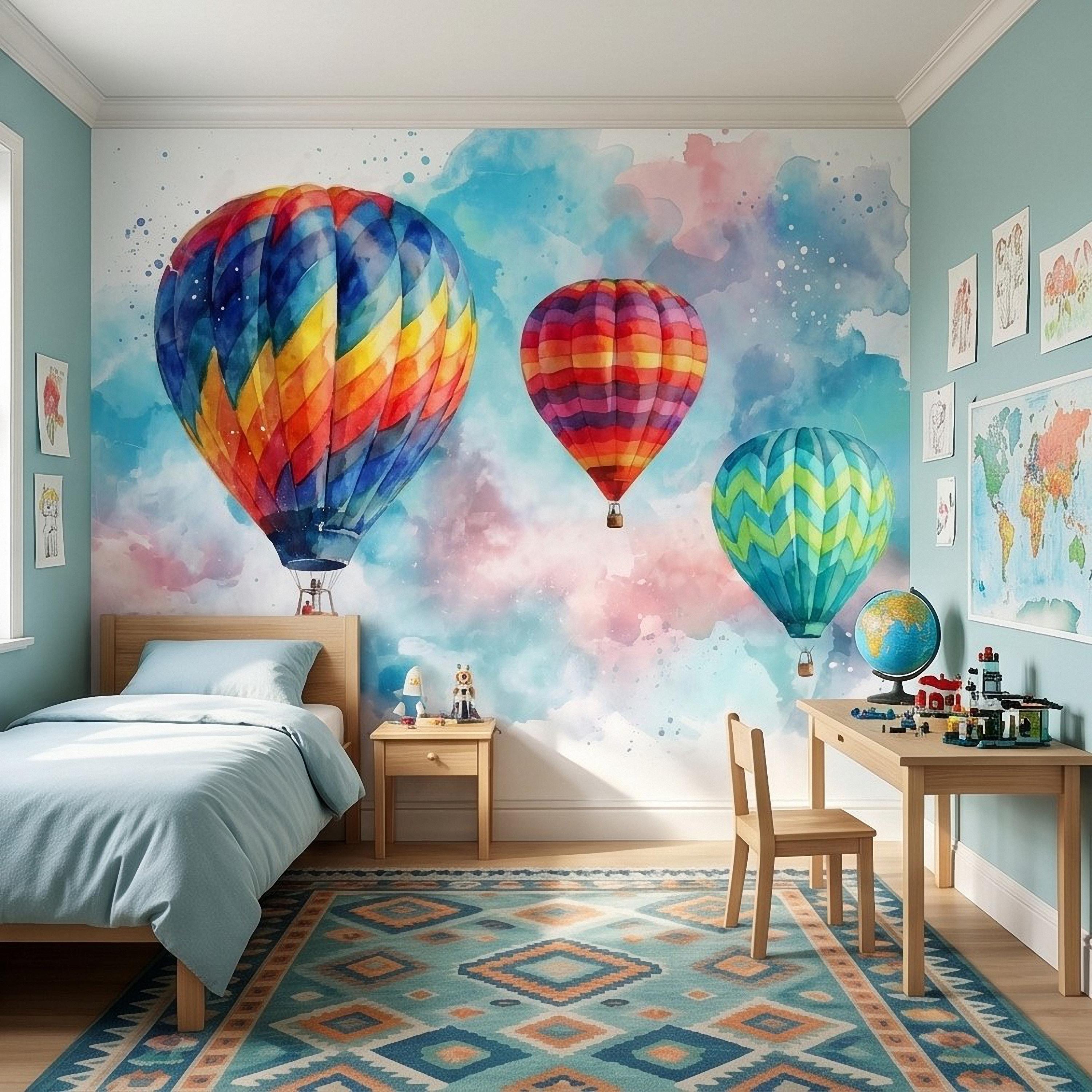 Hot Air Balloon Peel and Stick Wall Mural, Colorful Watercolor Sky with Pastel Clouds, Adventure Nursery Kids Room Wallpaper