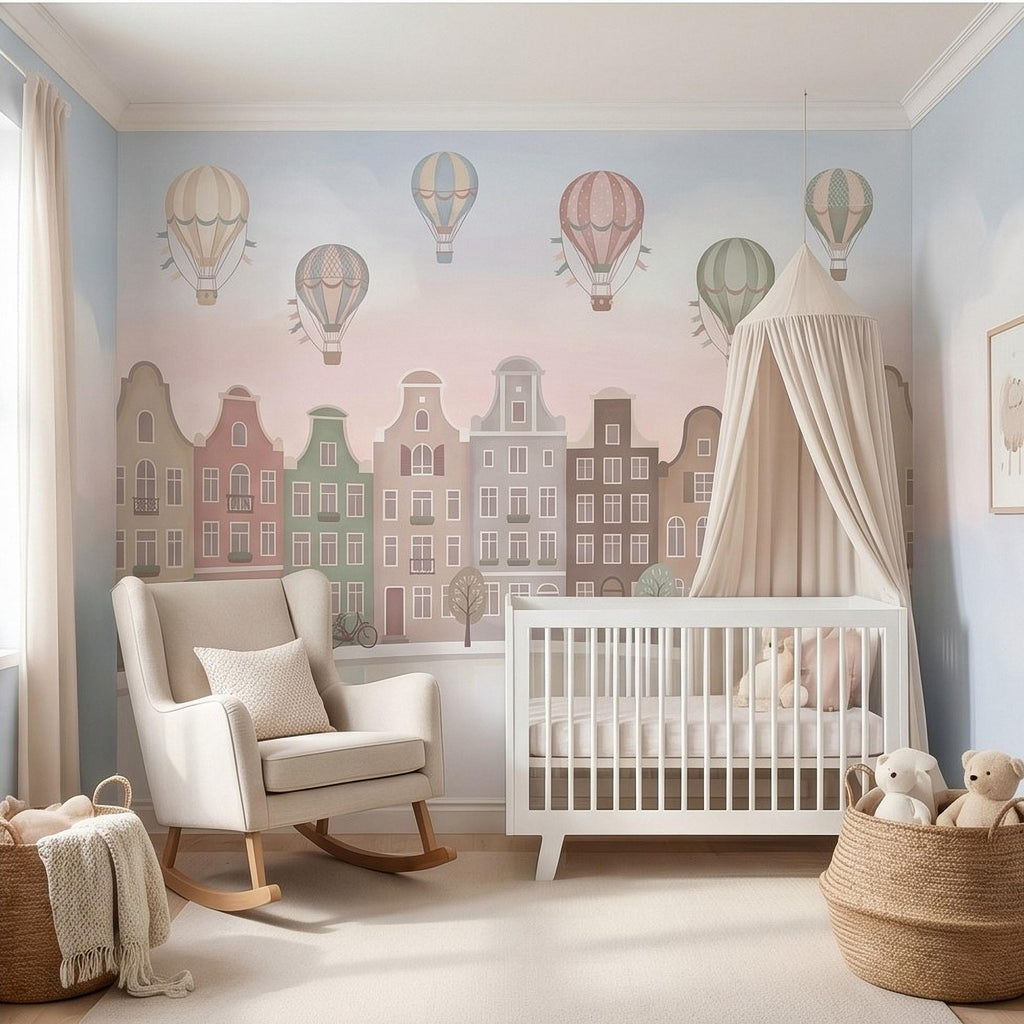 Pastel Amsterdam Canal Houses Peel and Stick Wall Mural for Kids, European Storybook Town with Hot Air Balloons Nursery Wallpaper