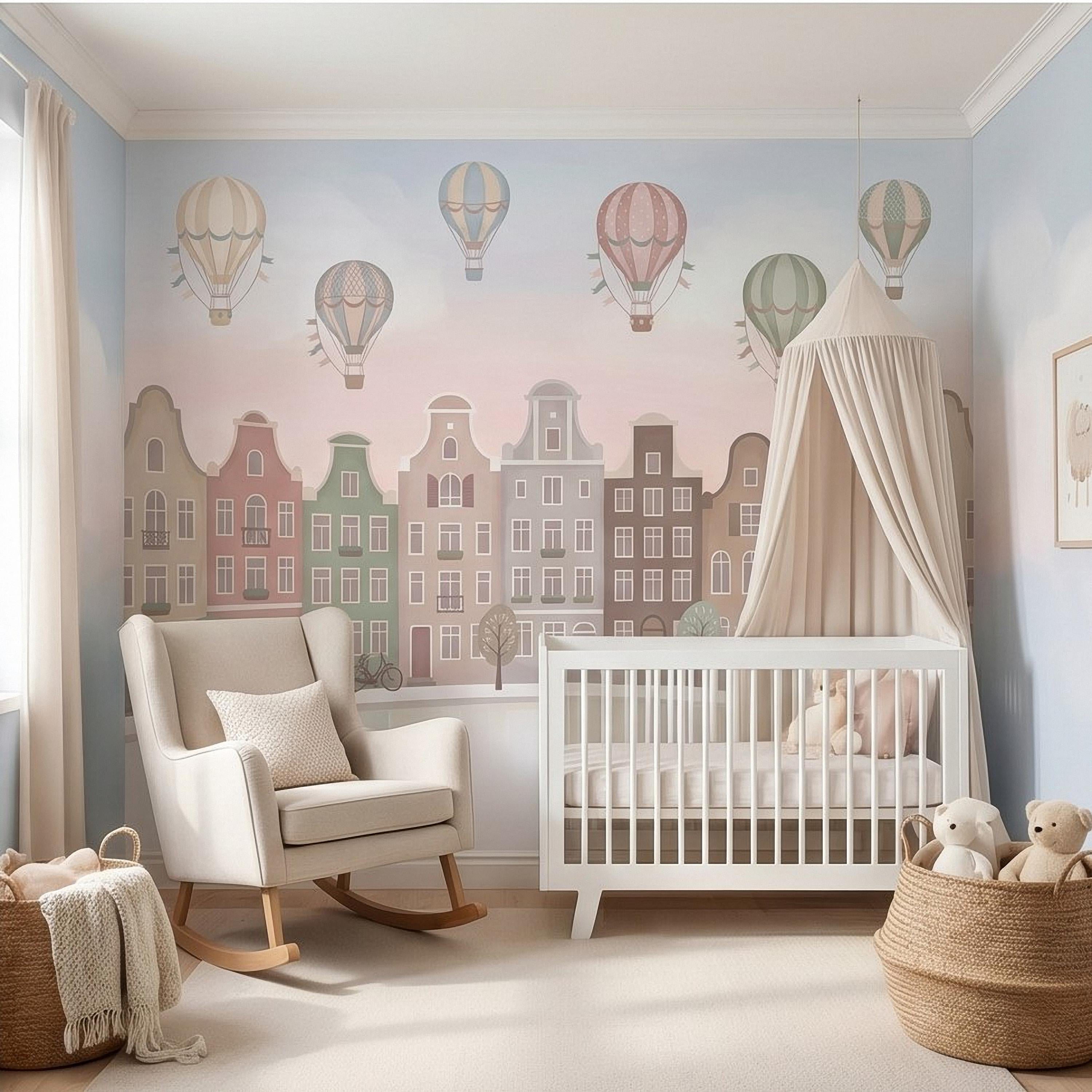 Pastel Amsterdam Canal Houses Peel and Stick Wall Mural for Kids, European Storybook Town with Hot Air Balloons Nursery Wallpaper