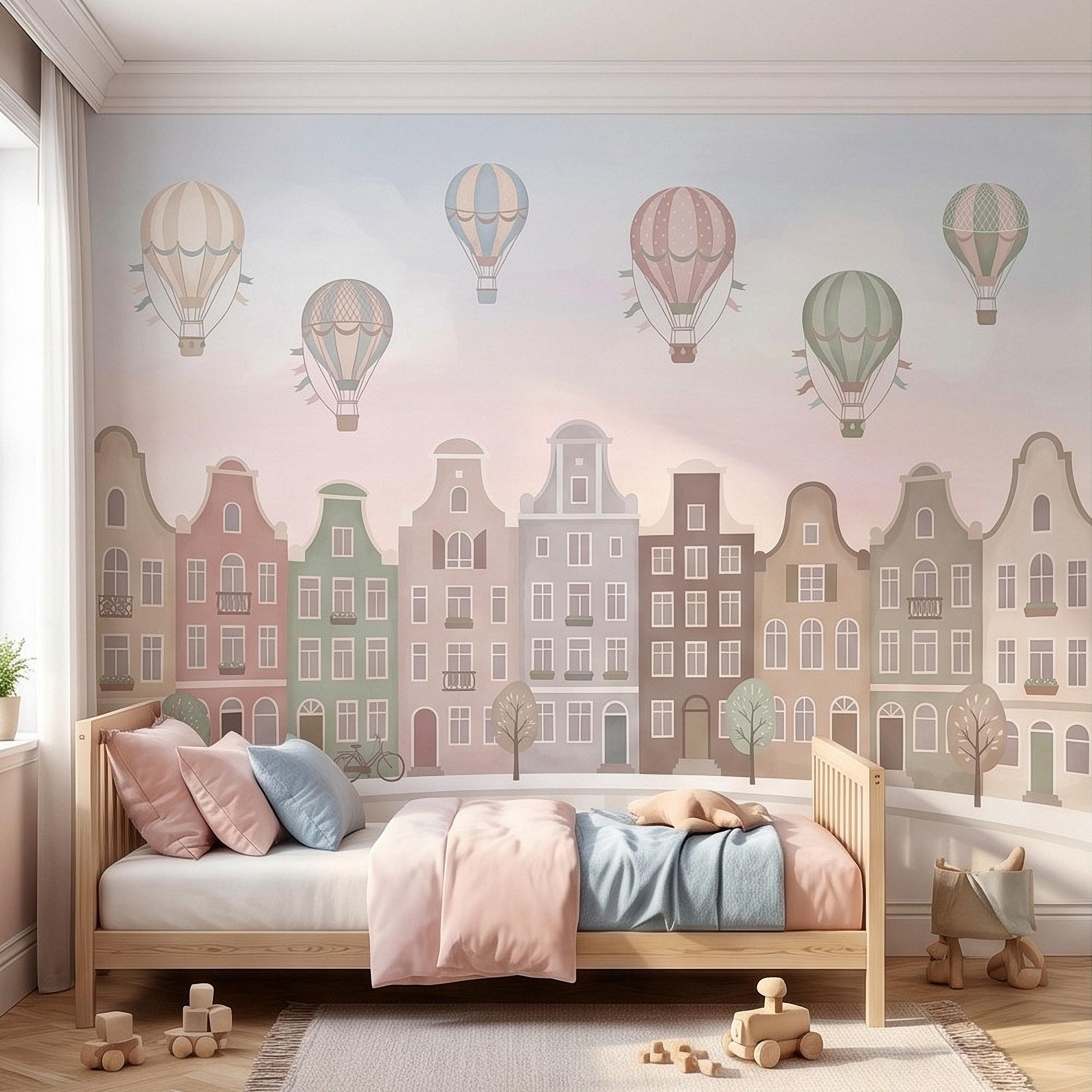 Pastel Amsterdam Canal Houses Peel and Stick Wall Mural for Kids, European Storybook Town with Hot Air Balloons Nursery Wallpaper