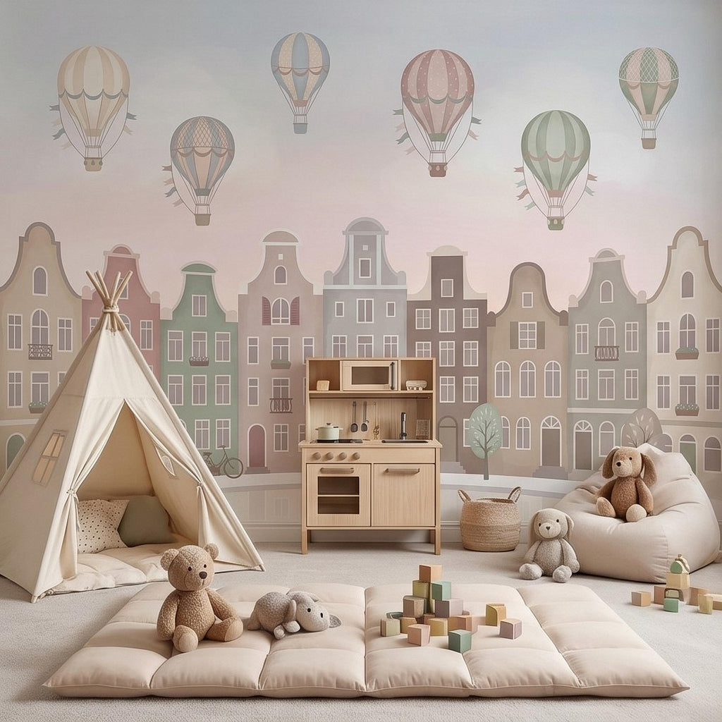 Pastel Amsterdam Canal Houses Peel and Stick Wall Mural for Kids, European Storybook Town with Hot Air Balloons Nursery Wallpaper