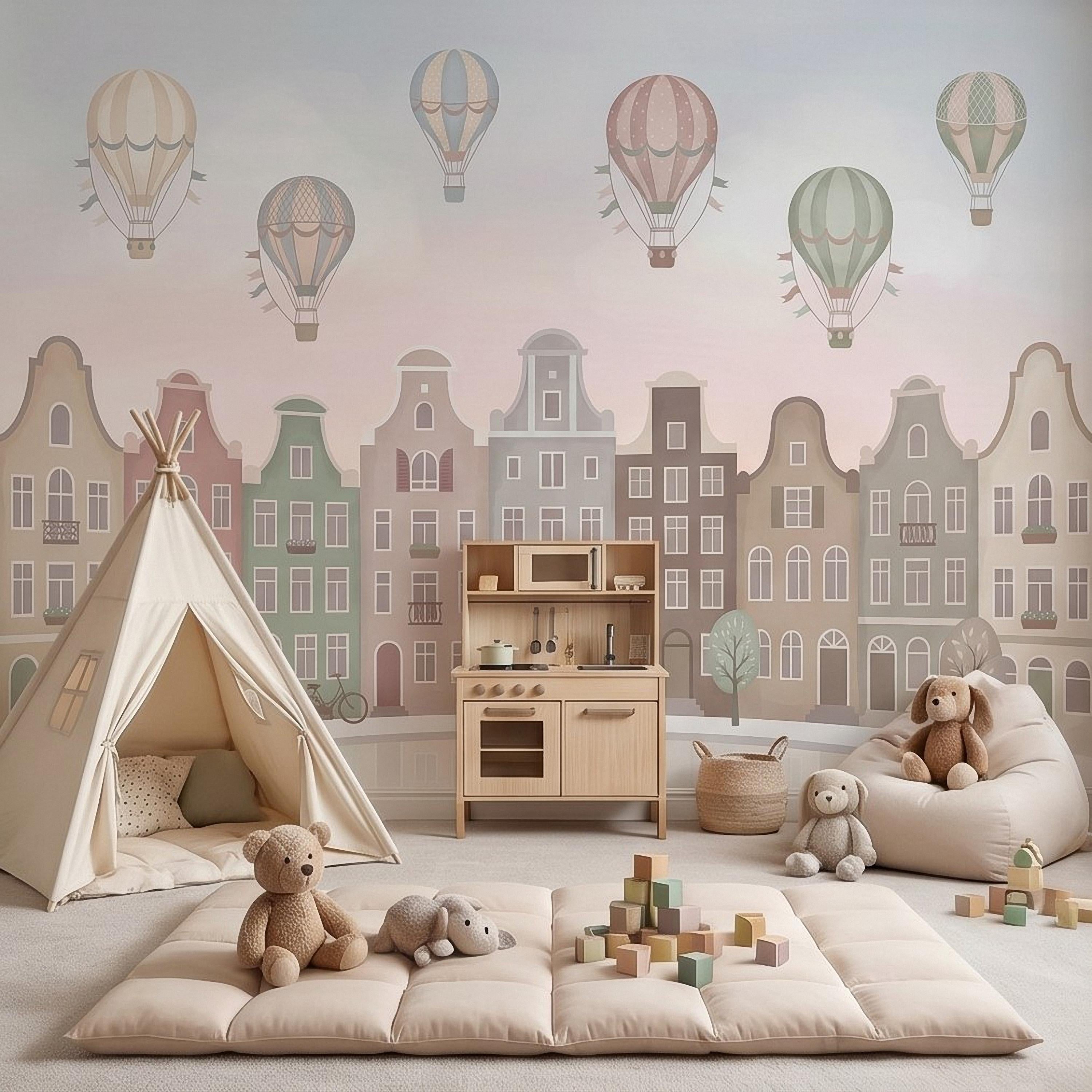 Pastel Amsterdam Canal Houses Peel and Stick Wall Mural for Kids, European Storybook Town with Hot Air Balloons Nursery Wallpaper