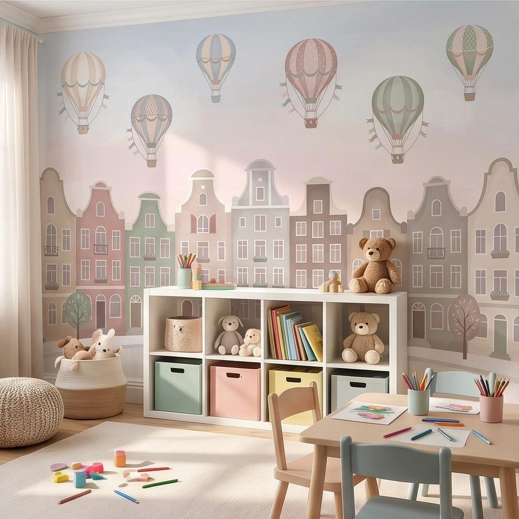 Pastel Amsterdam Canal Houses Peel and Stick Wall Mural for Kids, European Storybook Town with Hot Air Balloons Nursery Wallpaper