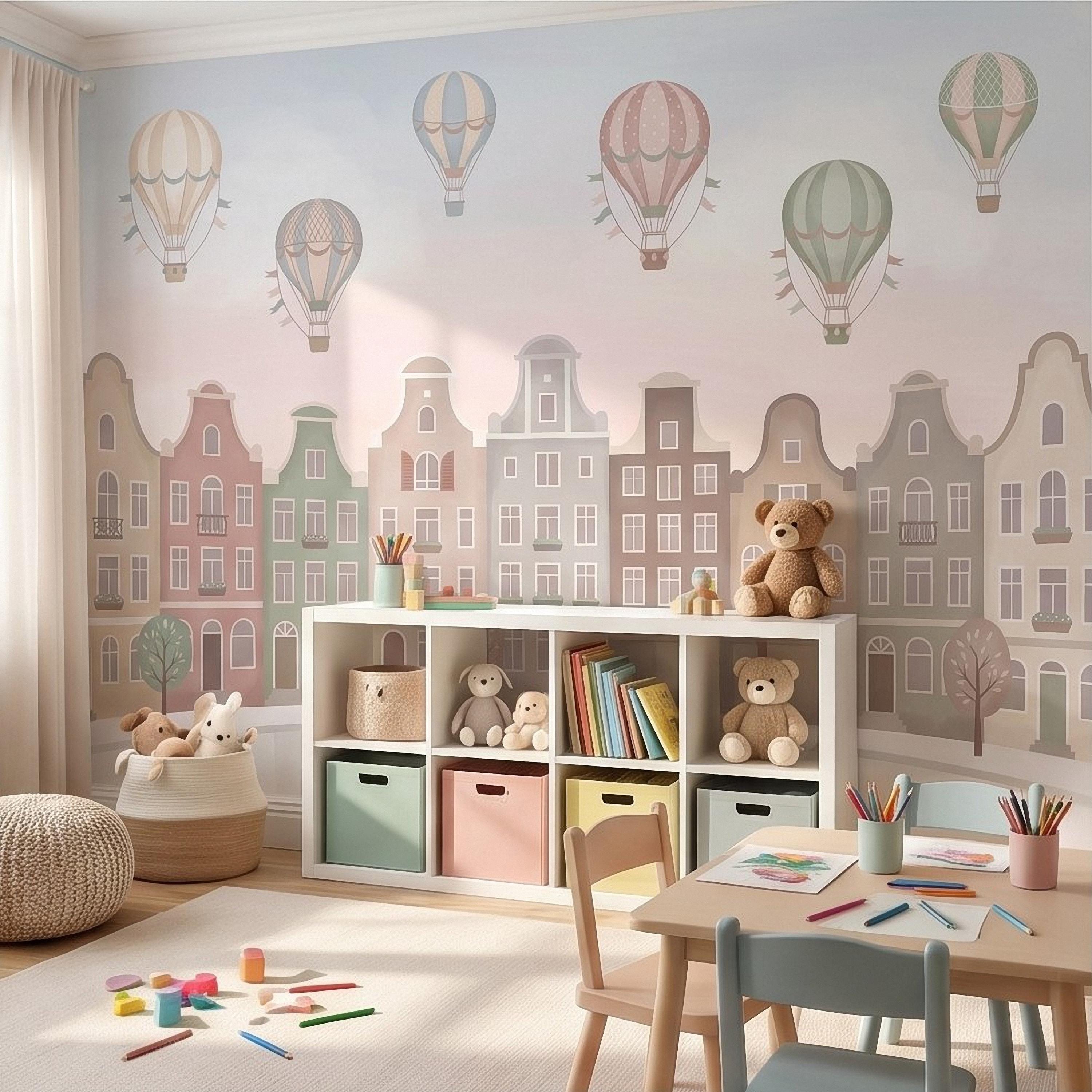 Pastel Amsterdam Canal Houses Peel and Stick Wall Mural for Kids, European Storybook Town with Hot Air Balloons Nursery Wallpaper