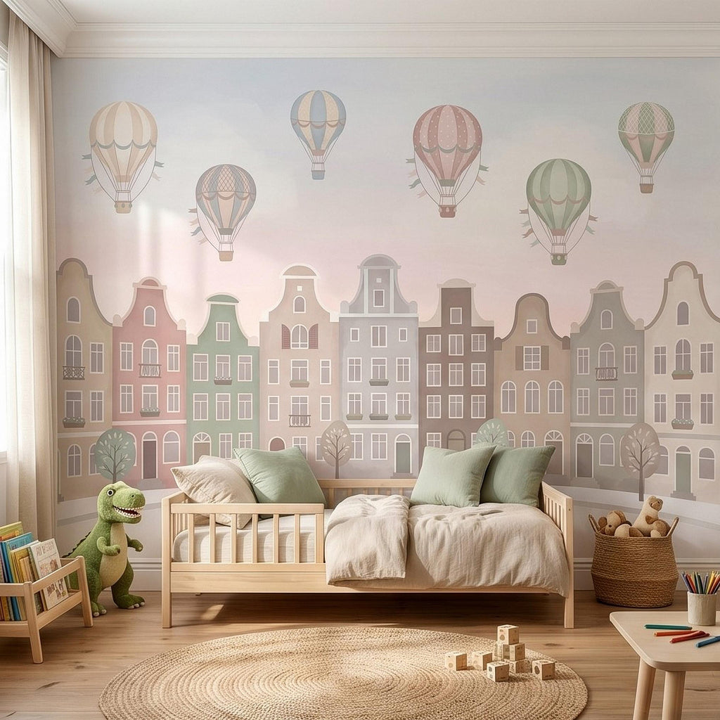 Pastel Amsterdam Canal Houses Peel and Stick Wall Mural for Kids, European Storybook Town with Hot Air Balloons Nursery Wallpaper