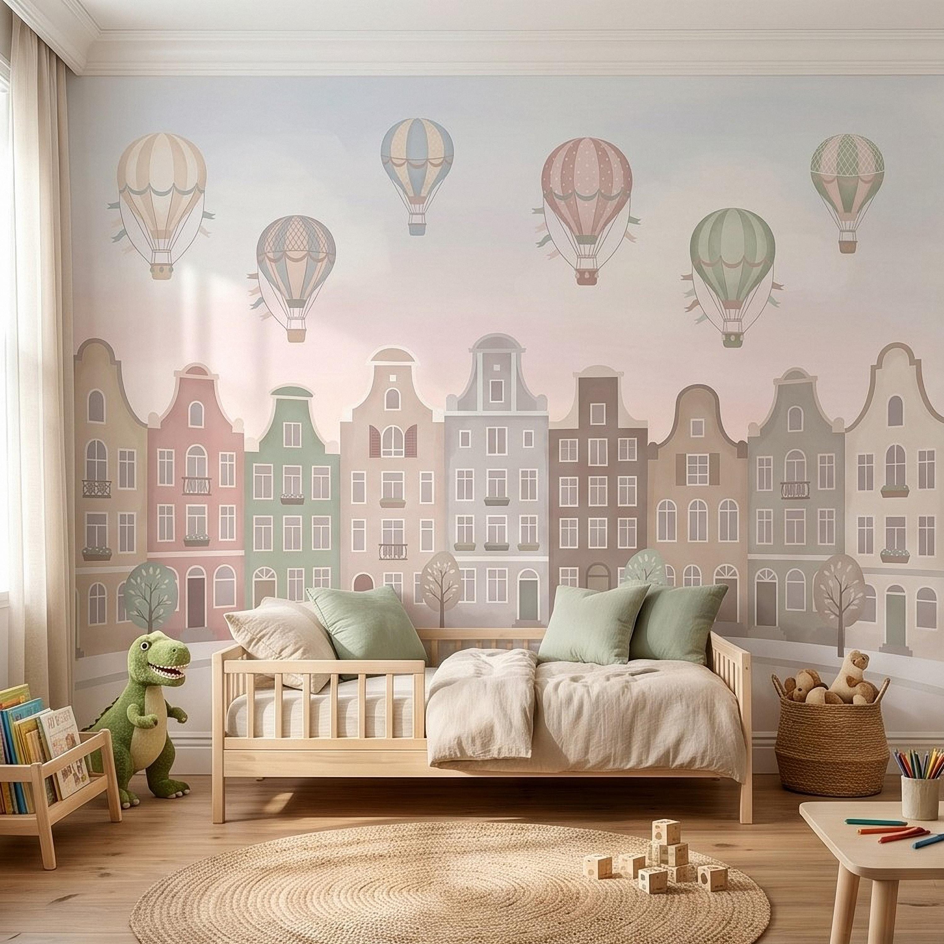 Pastel Amsterdam Canal Houses Peel and Stick Wall Mural for Kids, European Storybook Town with Hot Air Balloons Nursery Wallpaper