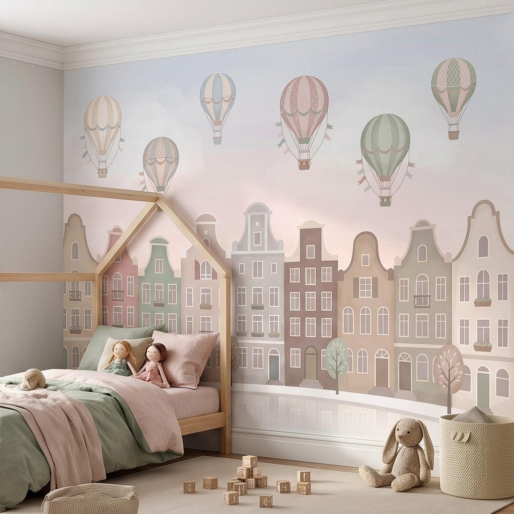 Pastel Amsterdam Canal Houses Peel and Stick Wall Mural for Kids, European Storybook Town with Hot Air Balloons Nursery Wallpaper