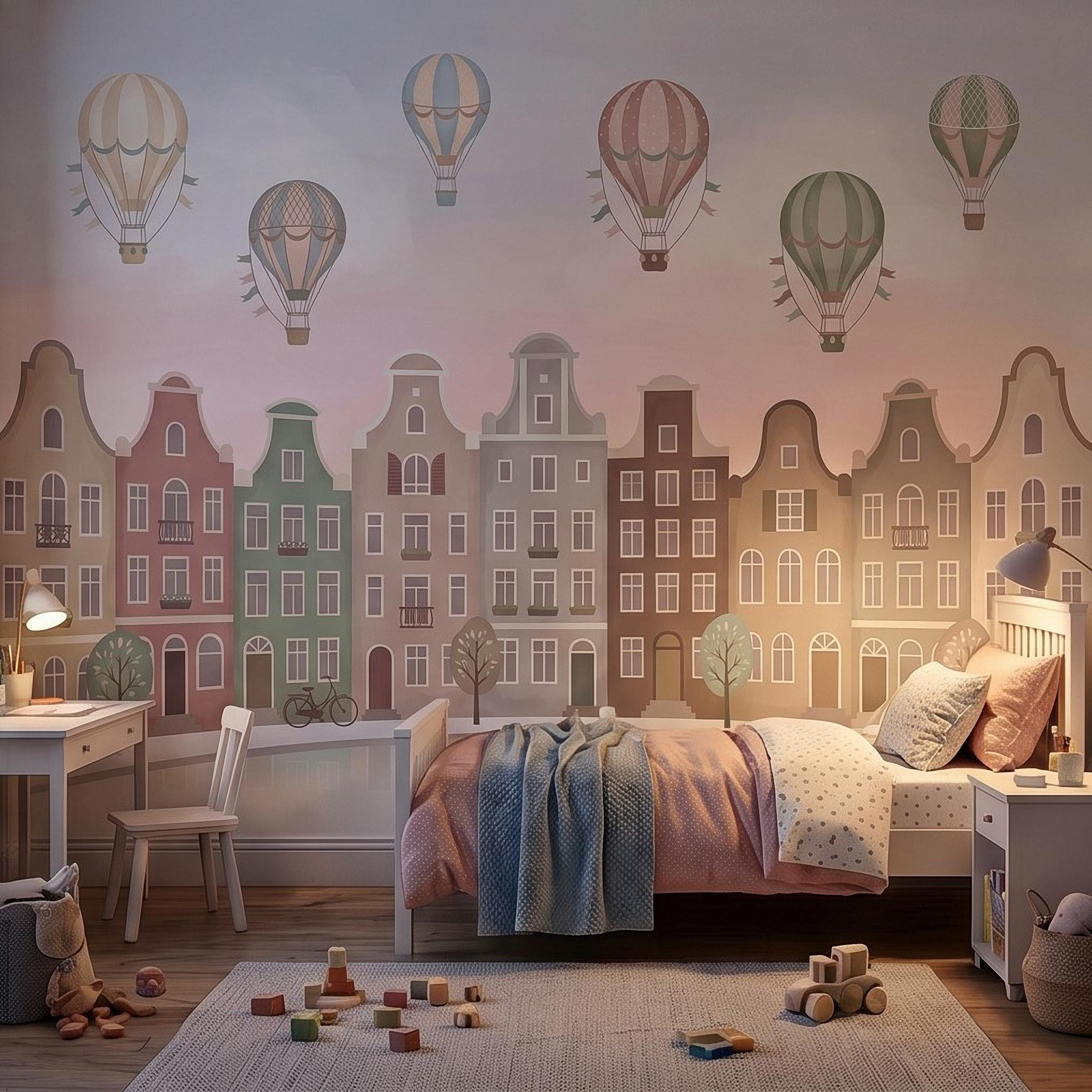 Pastel Amsterdam Canal Houses Peel and Stick Wall Mural for Kids, European Storybook Town with Hot Air Balloons Nursery Wallpaper