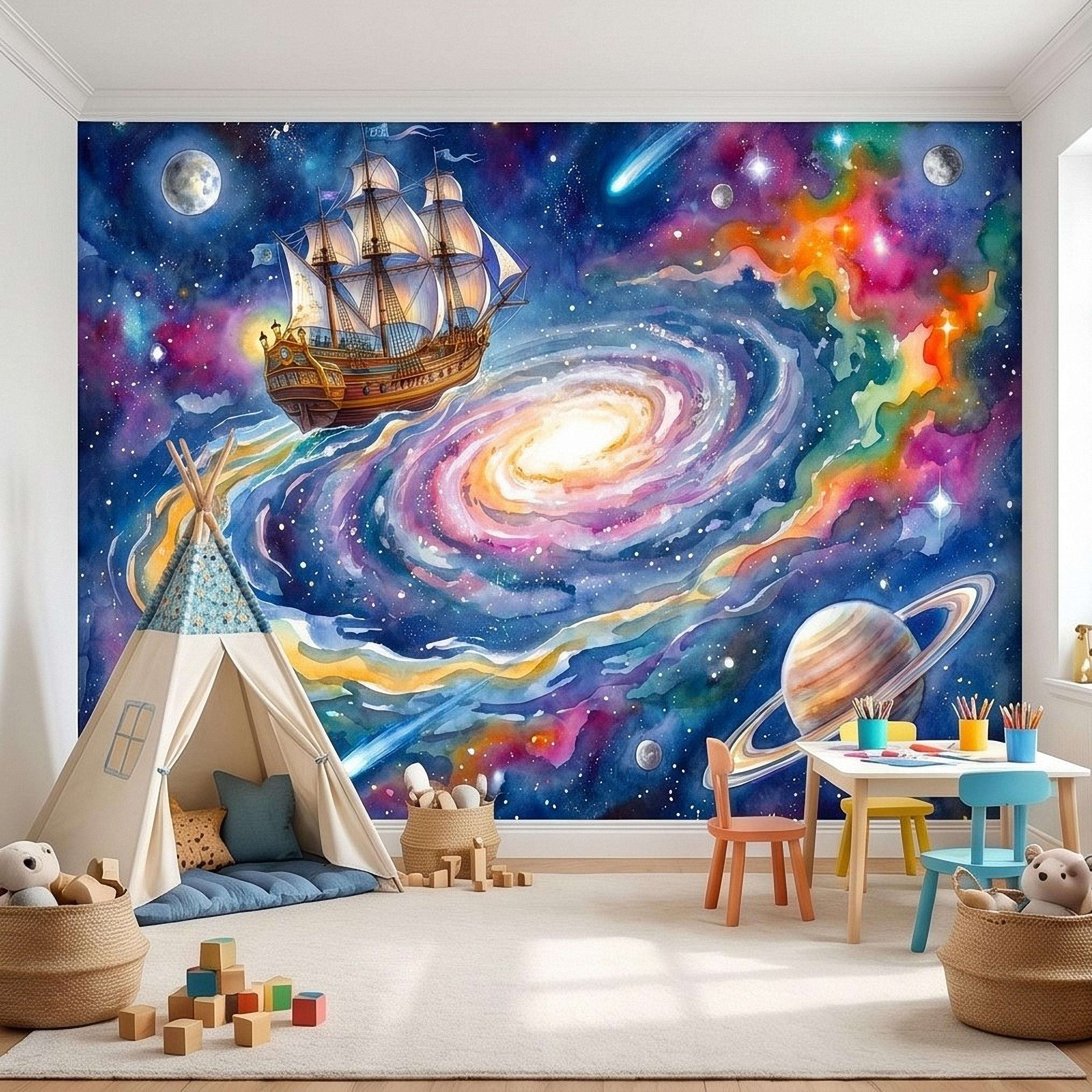 Fantasy Sailing Ship Peel and Stick Wall Mural, Watercolor Galaxy Adventure with Planets and Nebula Kids Room Wallpaper