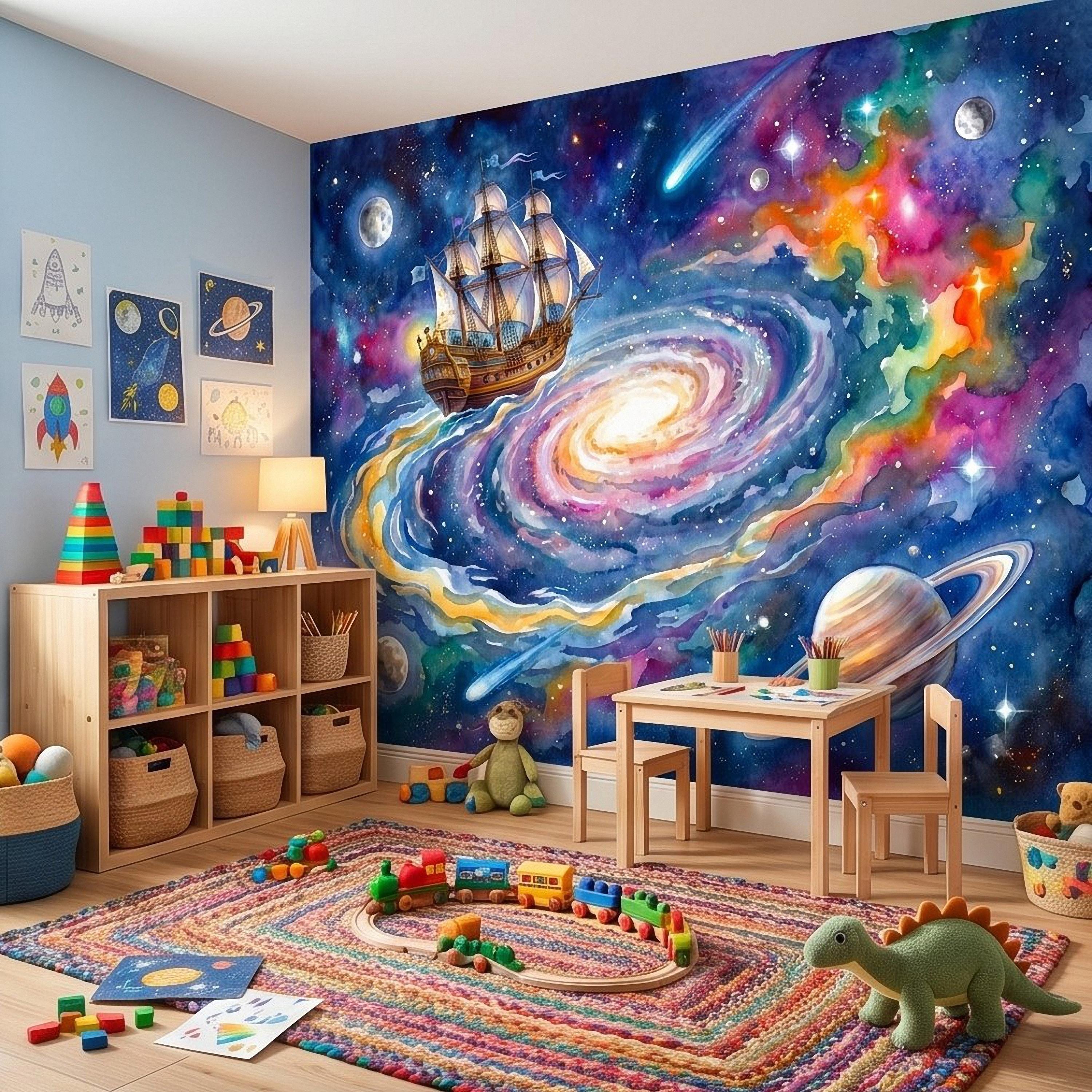 Fantasy Sailing Ship Peel and Stick Wall Mural, Watercolor Galaxy Adventure with Planets and Nebula Kids Room Wallpaper
