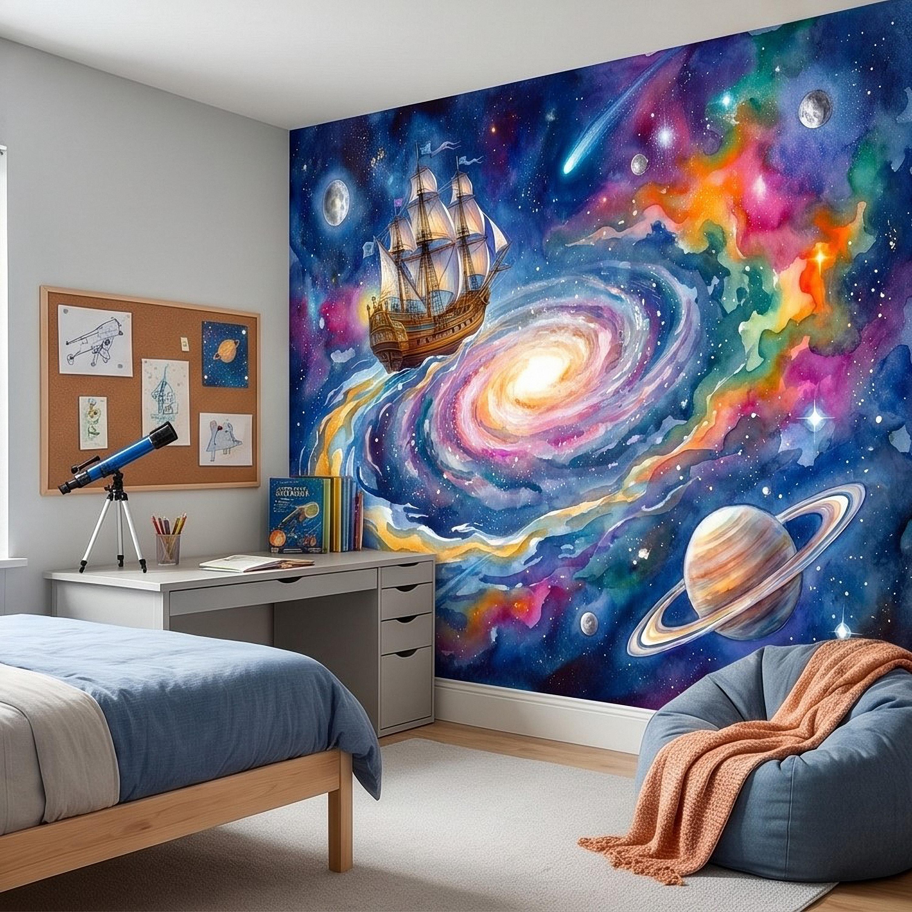 Fantasy Sailing Ship Peel and Stick Wall Mural, Watercolor Galaxy Adventure with Planets and Nebula Kids Room Wallpaper